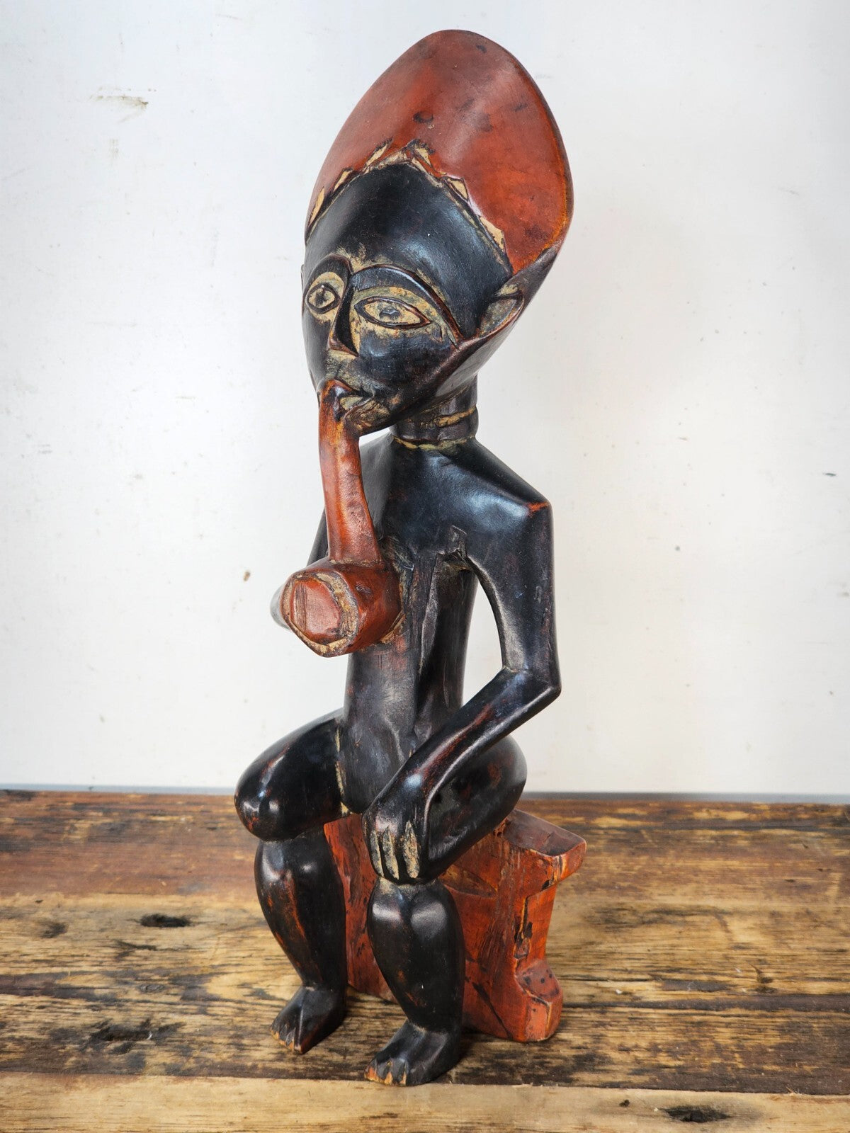 Ghana Ashanti Traditional Wooden Smoking Man Sculpture 13"H x 4.5"W x 3"D