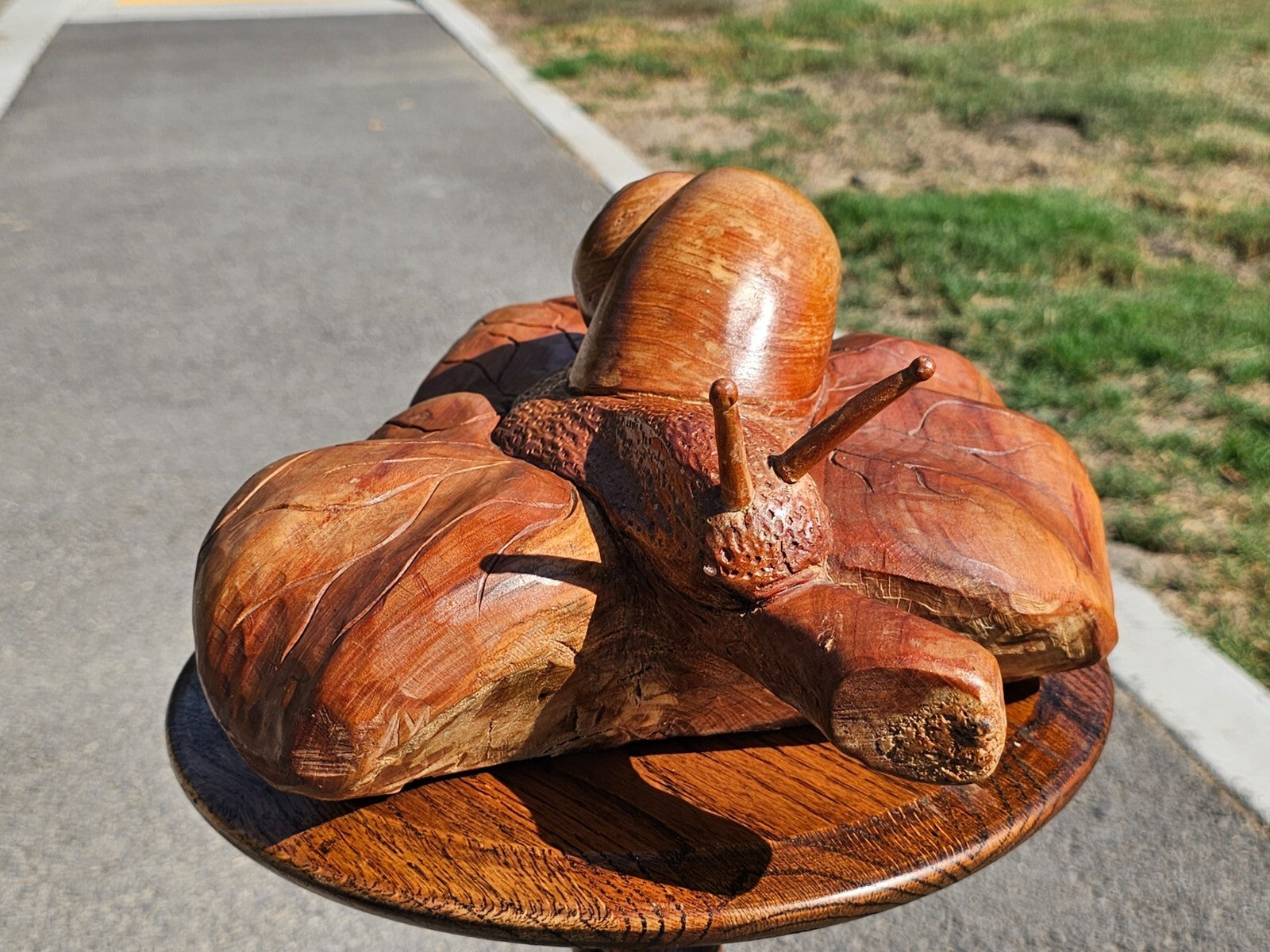 Handcrafted Wooden Snail on Leaf Sculpture Signed 19"L x 11"W x 5.5"H