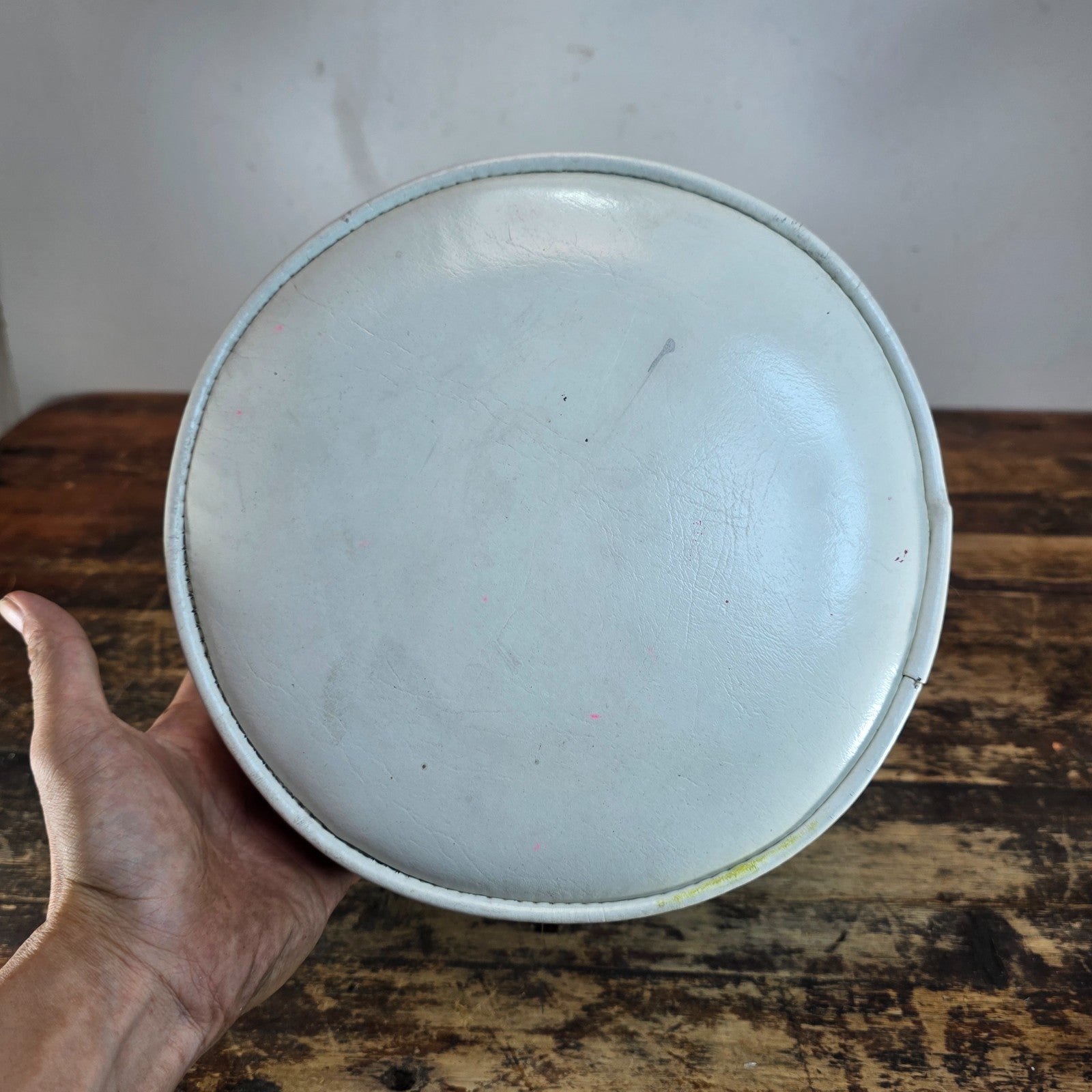 Vintage Wooden Stool with White Cushion (Continental Seat, Inc.) 10"Dia x 10.5"H