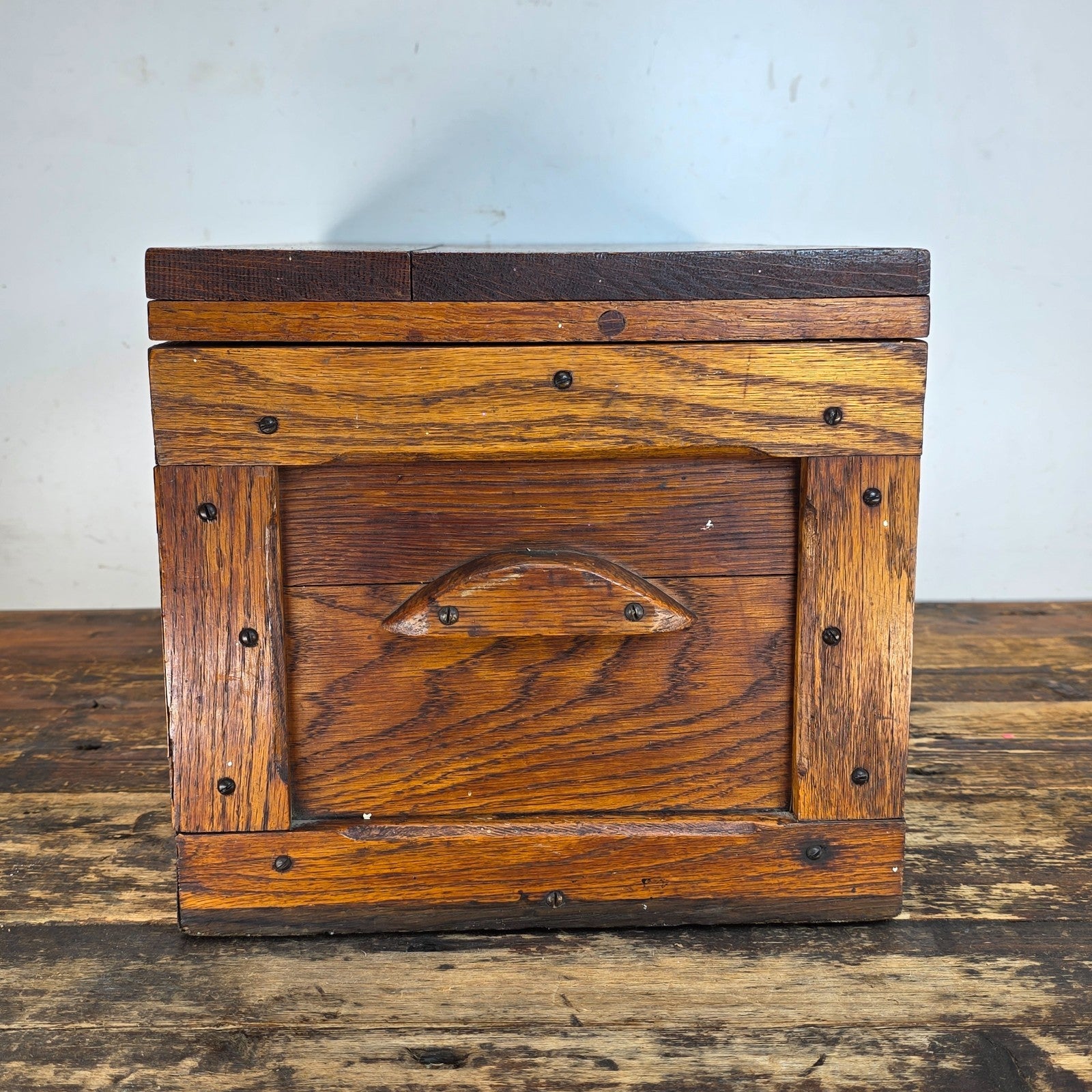 Antique Oak Wooden Tool Box with Brass Hardware & Tray (1920s–40s)