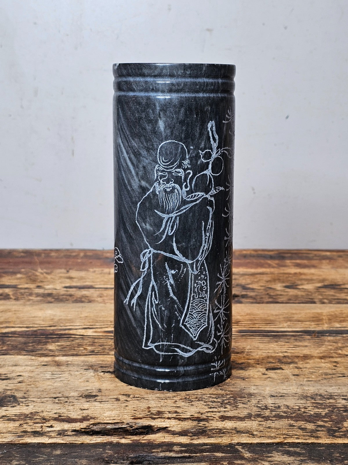 Vintage Chinese Etched Marble Vase / Brush Pot