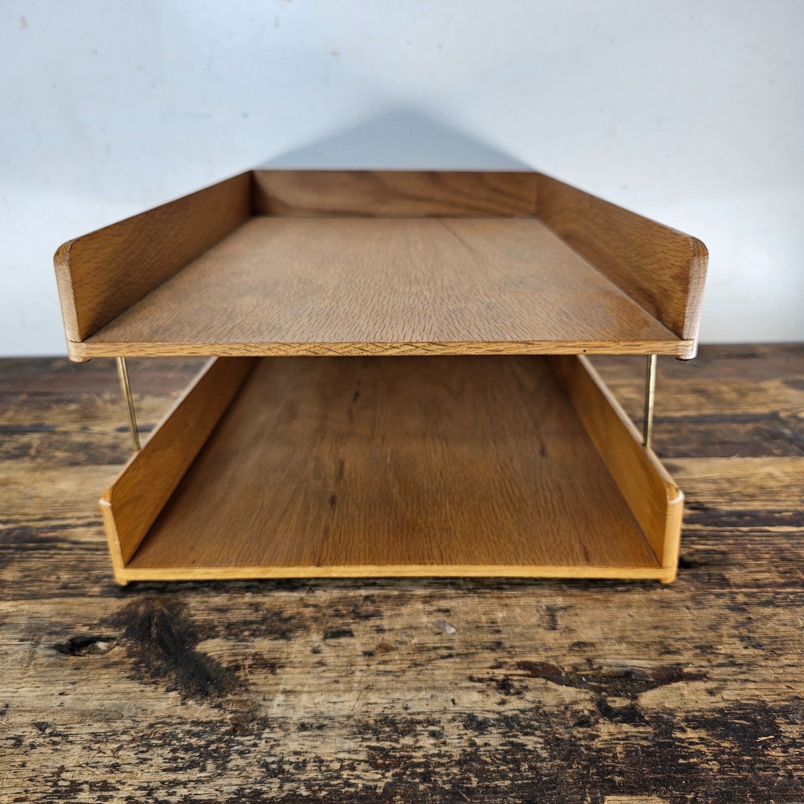 Carver Wood Products Solid Oak 2-Tier Desk Tray Set Mid-Century Modern