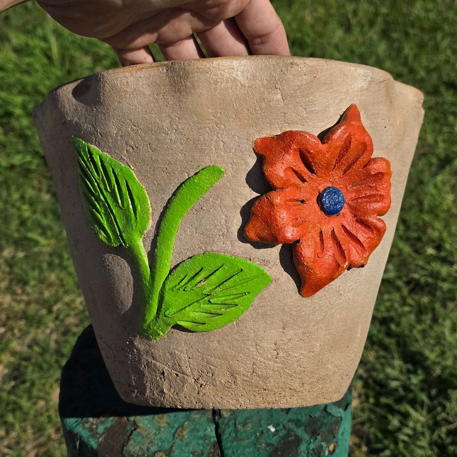 Vintage Atzompa Oaxaca Terracotta Wall Pocket Planter with Orange Flower