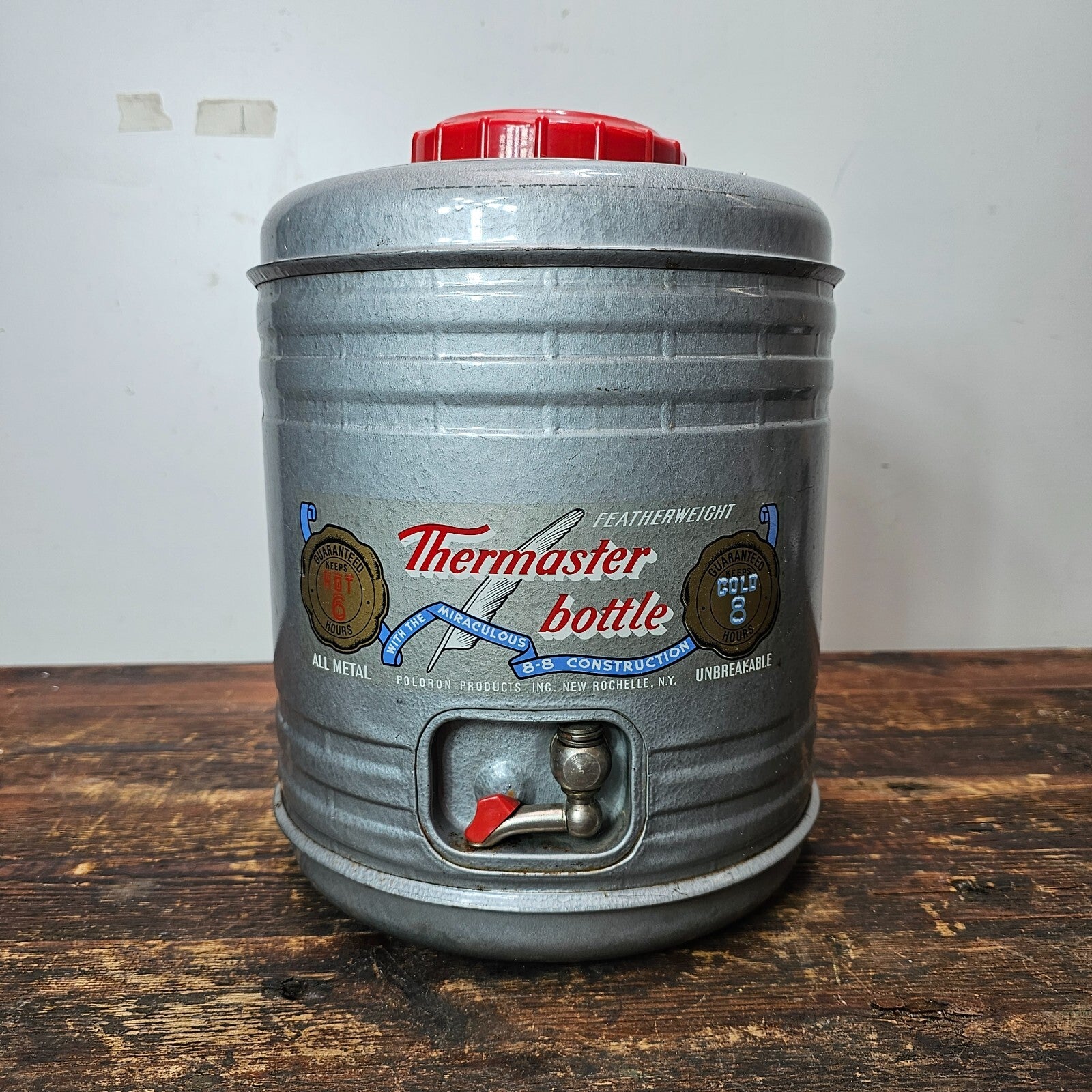 Vintage 1950s THERMASTER BOTTLE Featherweight Metal Cooler-2 Aluminum Cups USA