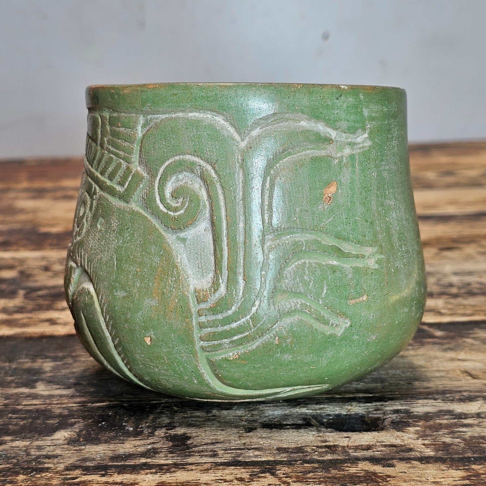 Mayan-Style Carved Jade-Green Vase (Modern Reproduction)