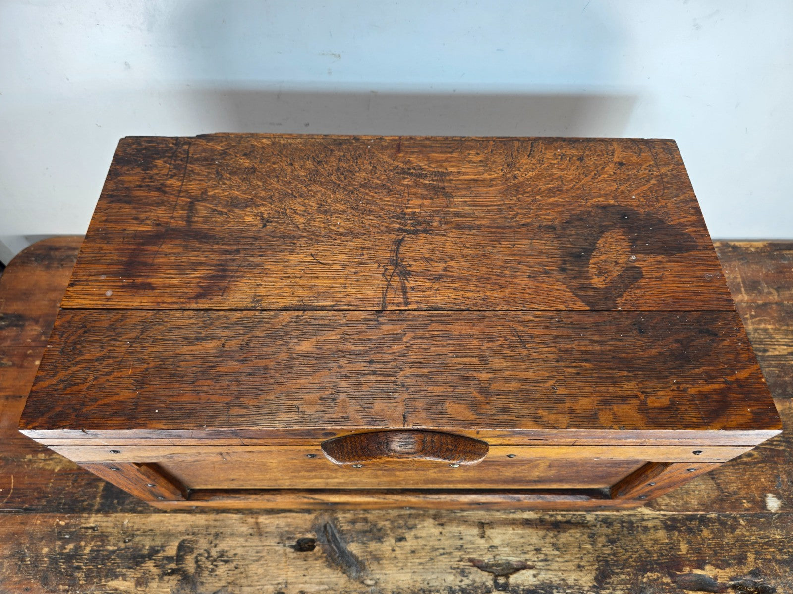 Antique Oak Wooden Tool Box with Brass Hardware & Tray (1920s–40s)