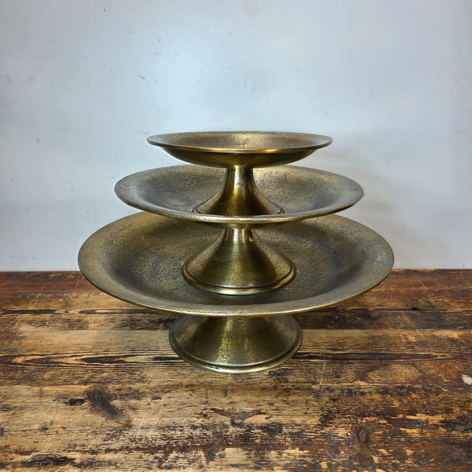 Set of 3 Gold Pedestal Display Dishes — Cast Aluminum, Textured Finish
