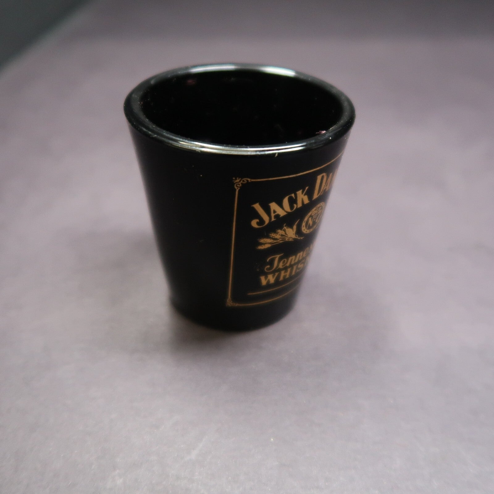 Jack Daniels Black Shot Glass Old No. 7 Gold Lettering H 2.3"