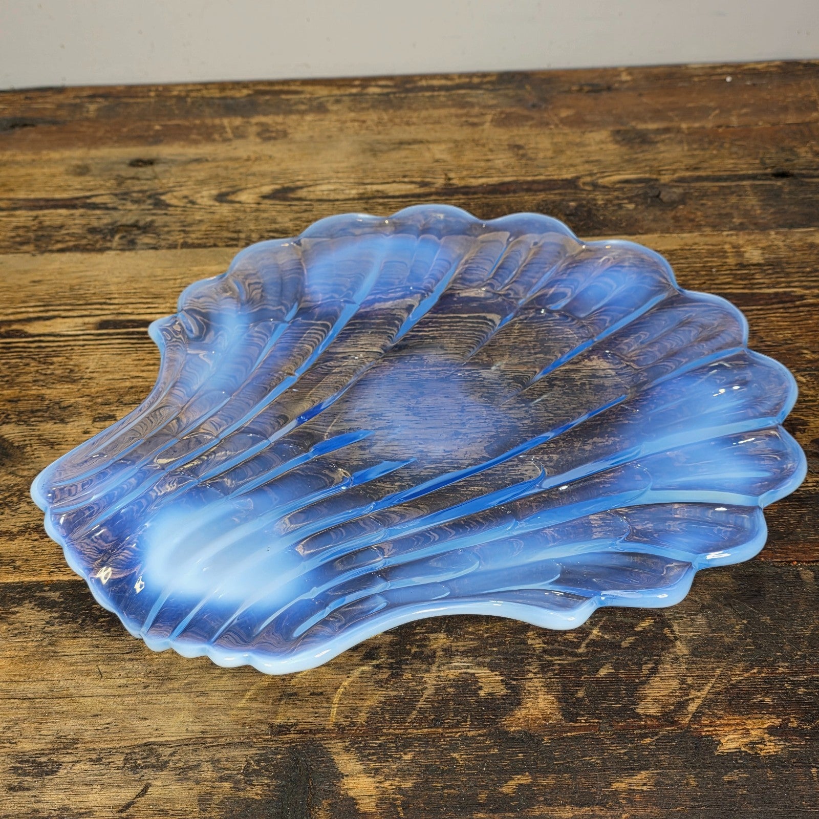 Large Opalescent Blue Glass Shell Platter, Attributed to Duncan & Miller 15"L