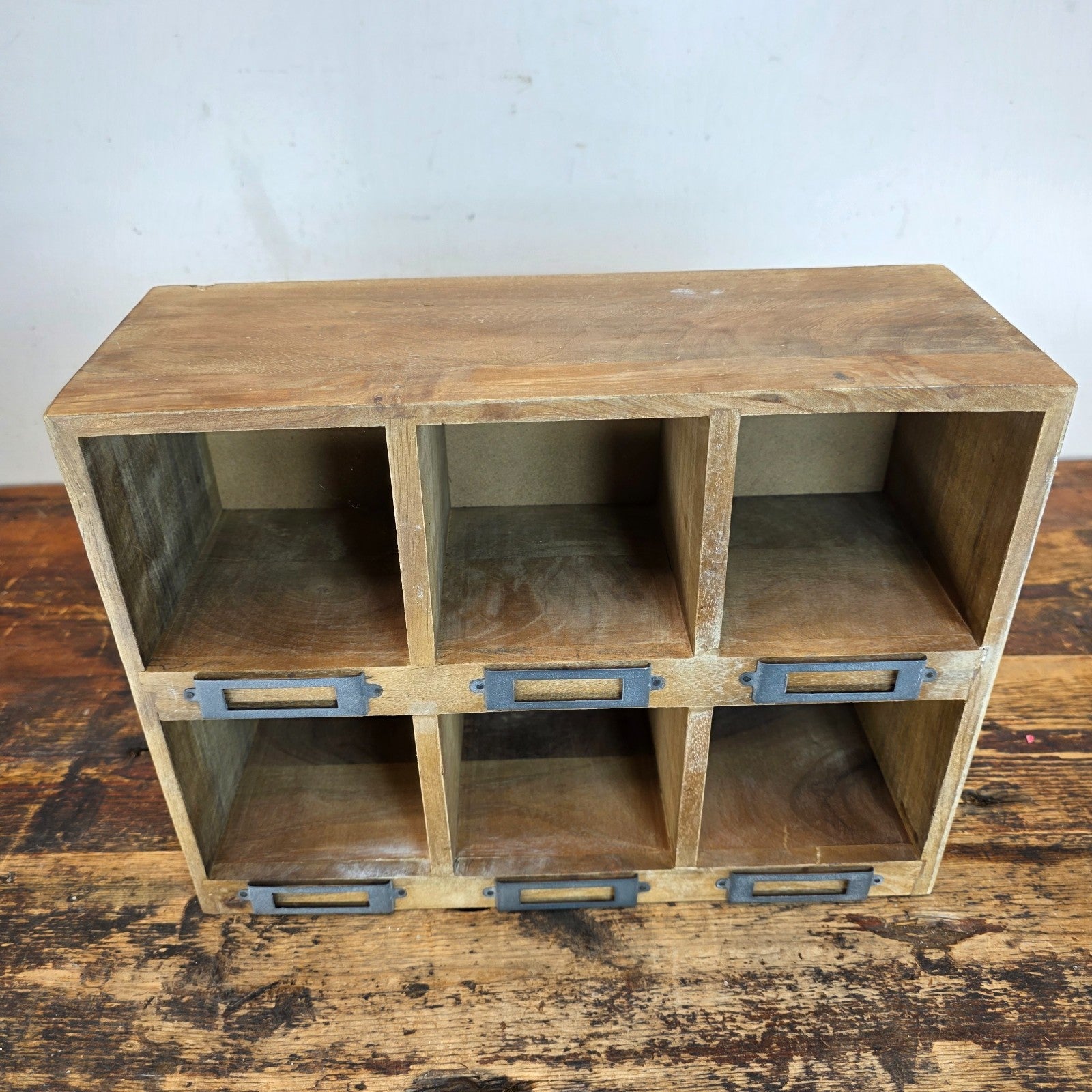 Rustic Wood 6-Cubby Wall Shelf / Desktop Organizer with Metal Label Holders