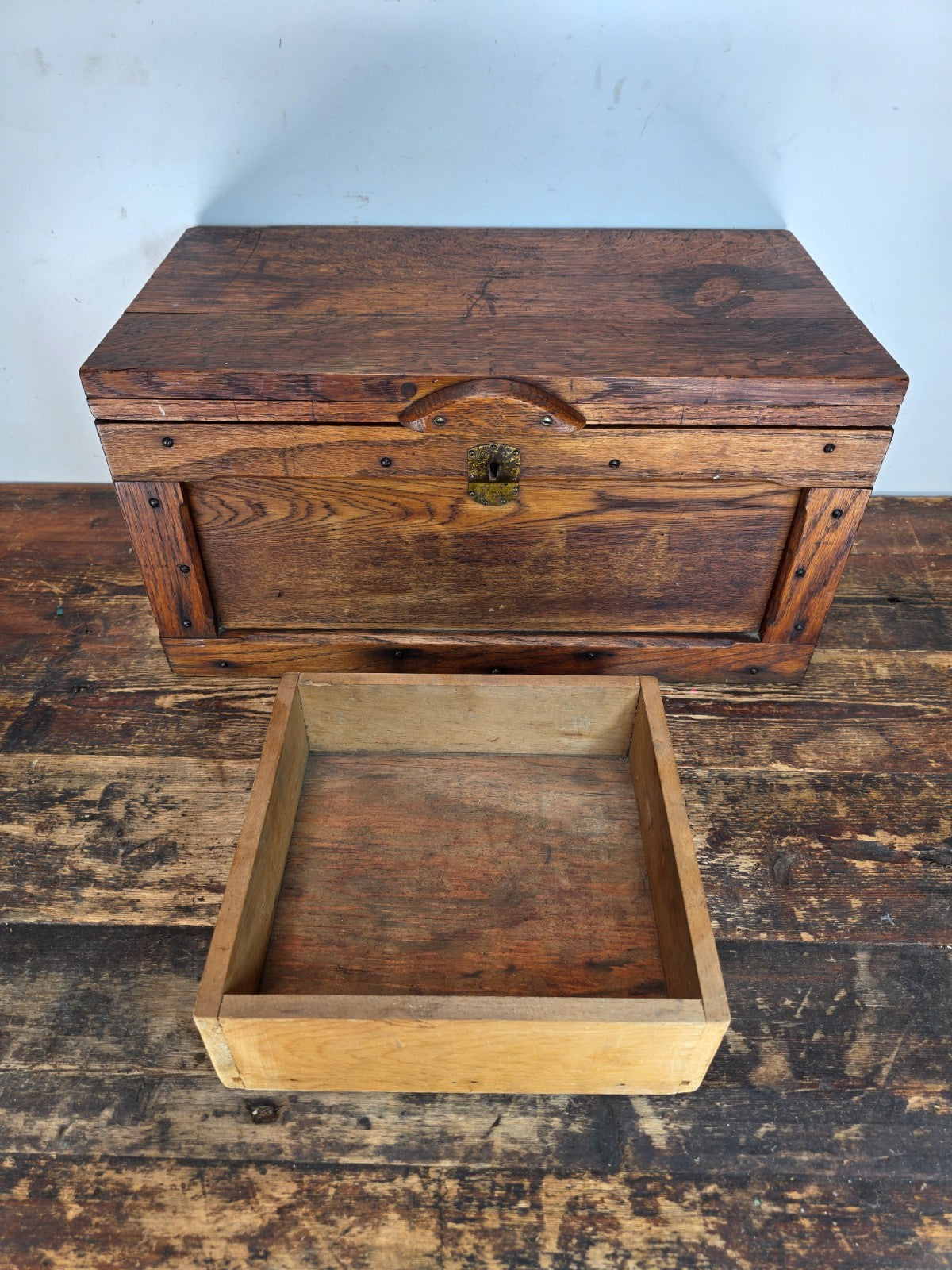 Antique Oak Wooden Tool Box with Brass Hardware & Tray (1920s–40s)