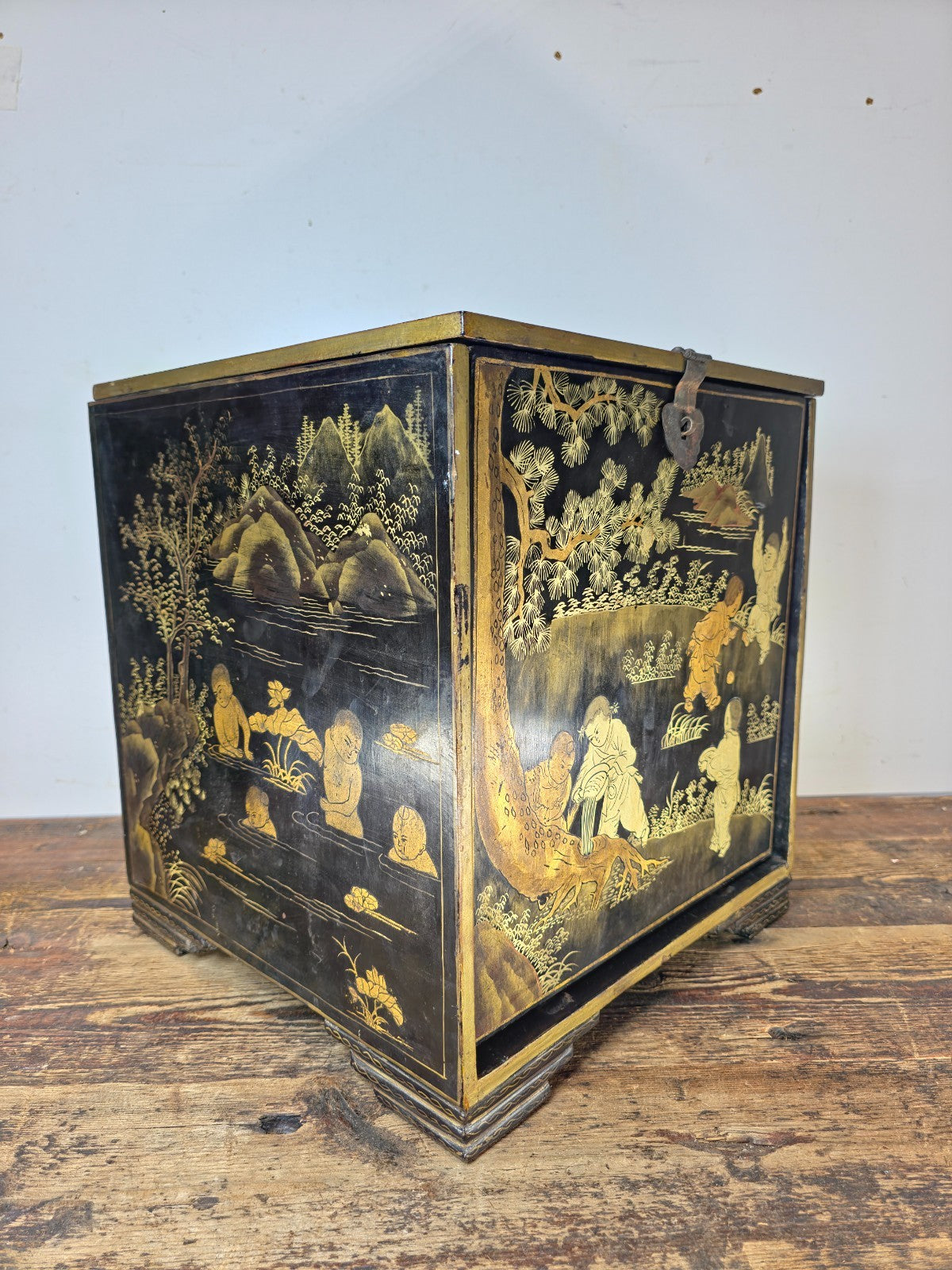 Chinese Antique Lacquer Box, Hundred Boys Motif, Drawers & Lift-Top 14.5"H