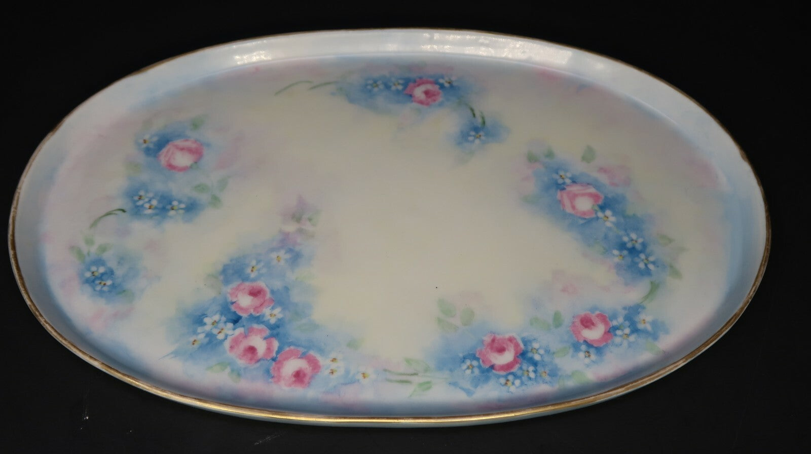 Vintage Oval Pink & Blue Rose Dish Hand Painted Floral Gold Trim Made In Japan
