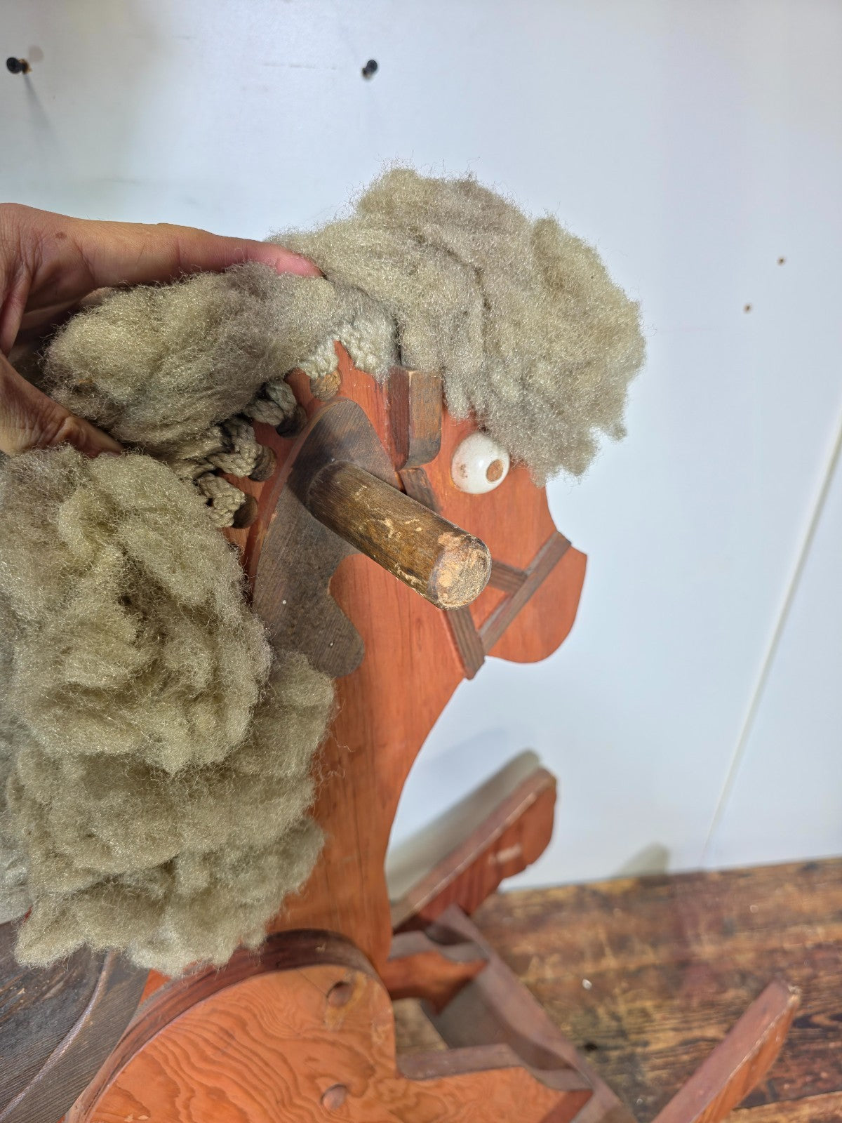 Large Wooden Rocking Horse with Wool Mane – Rustic Farmhouse Decor