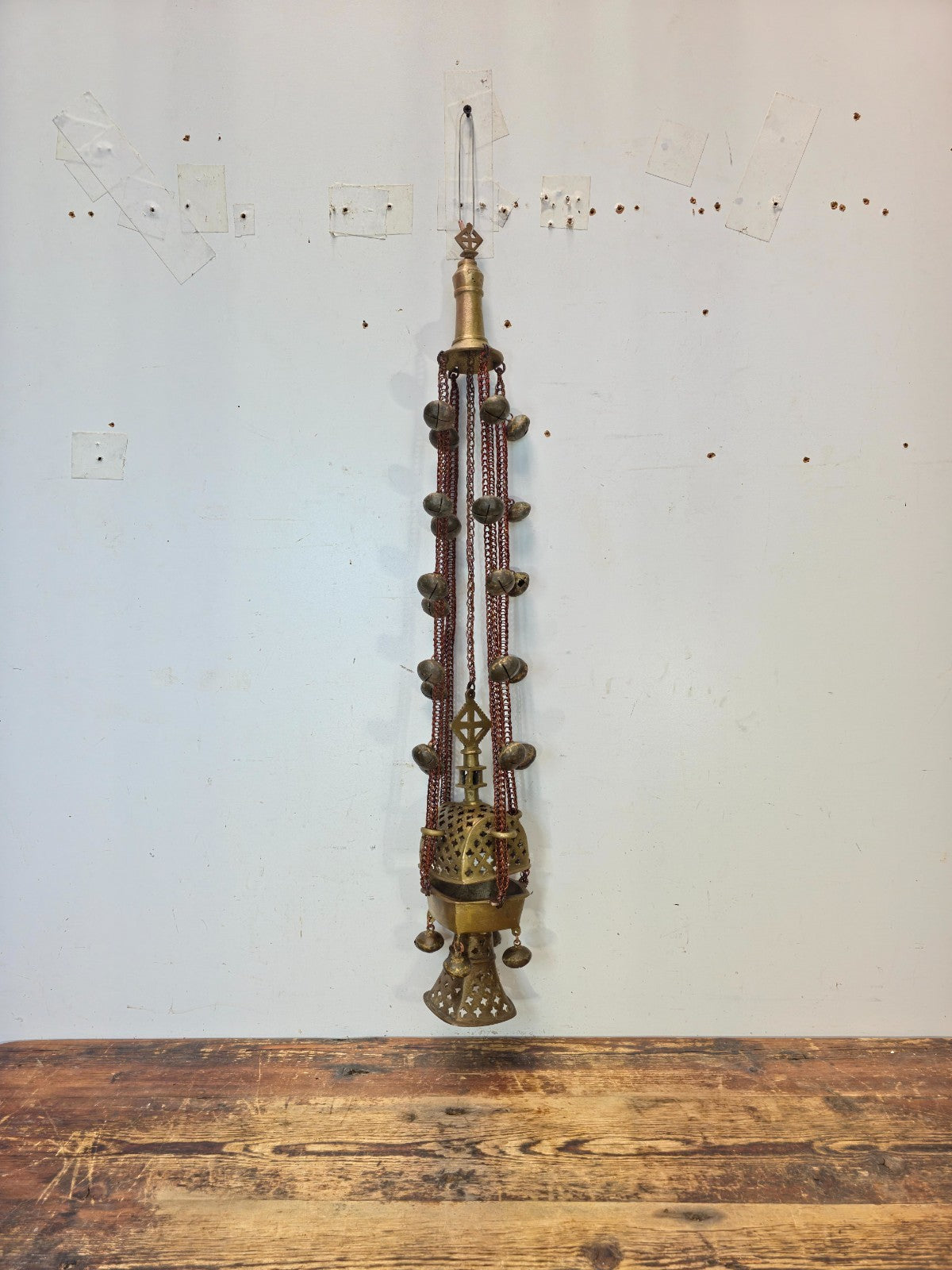 Vintage Ethiopian Coptic Brass Processional Incense Burner — 30" — Bells & Chain