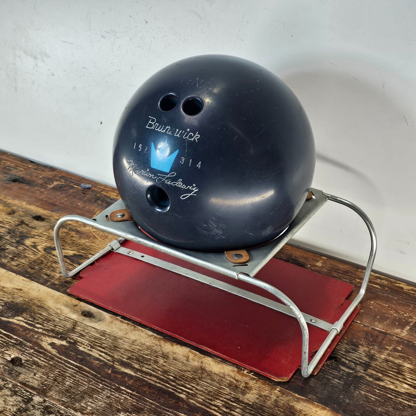 Vintage Brunswick Marion Ladewig Bowling Ball 12.75 lb. With Base