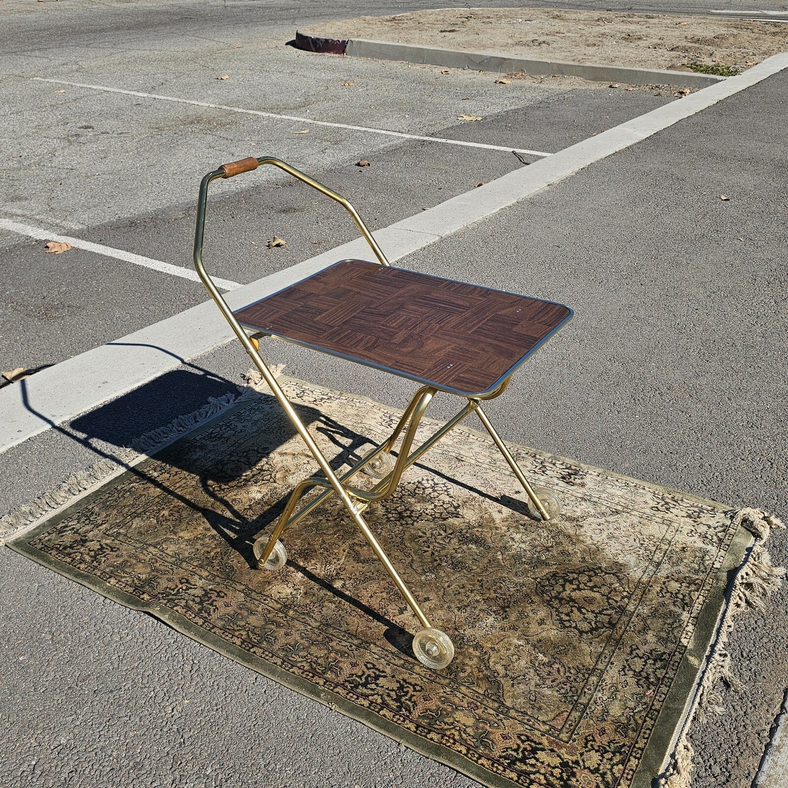 Vintage Mid Century Folding Rolling Bar Serving Cart With Wood Handle