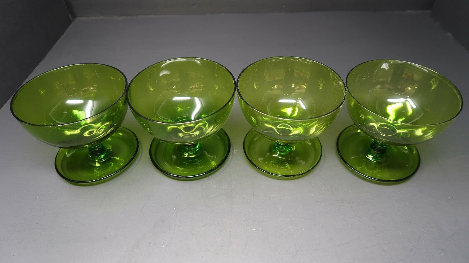 Lot of 4 Green Glass Comport Desert Bowl Cutlery Rest on Bottom 3.75" x 3.75"