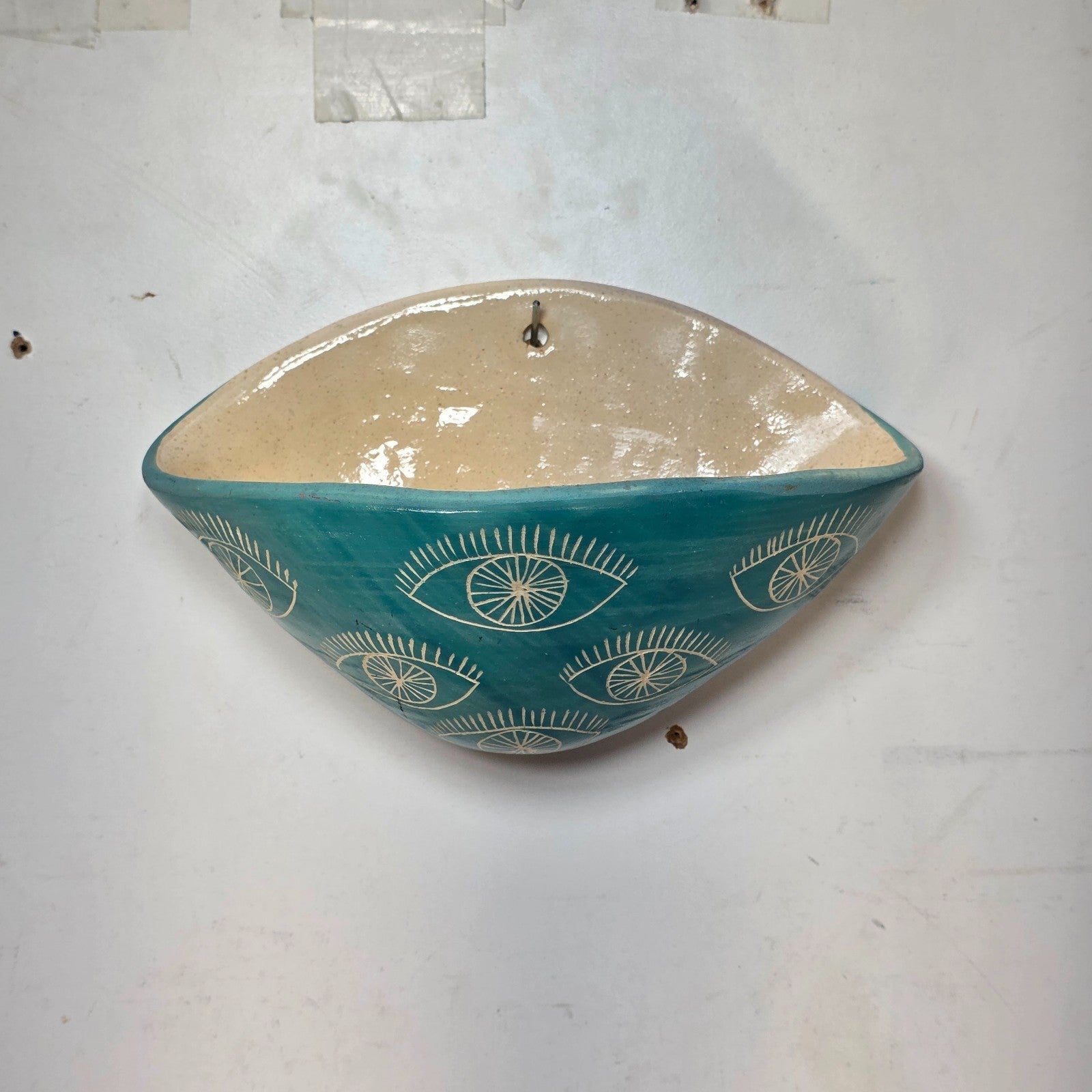 Studio Pottery Wall Pocket | “Eye” Sgraffito in Turquoise | Signed