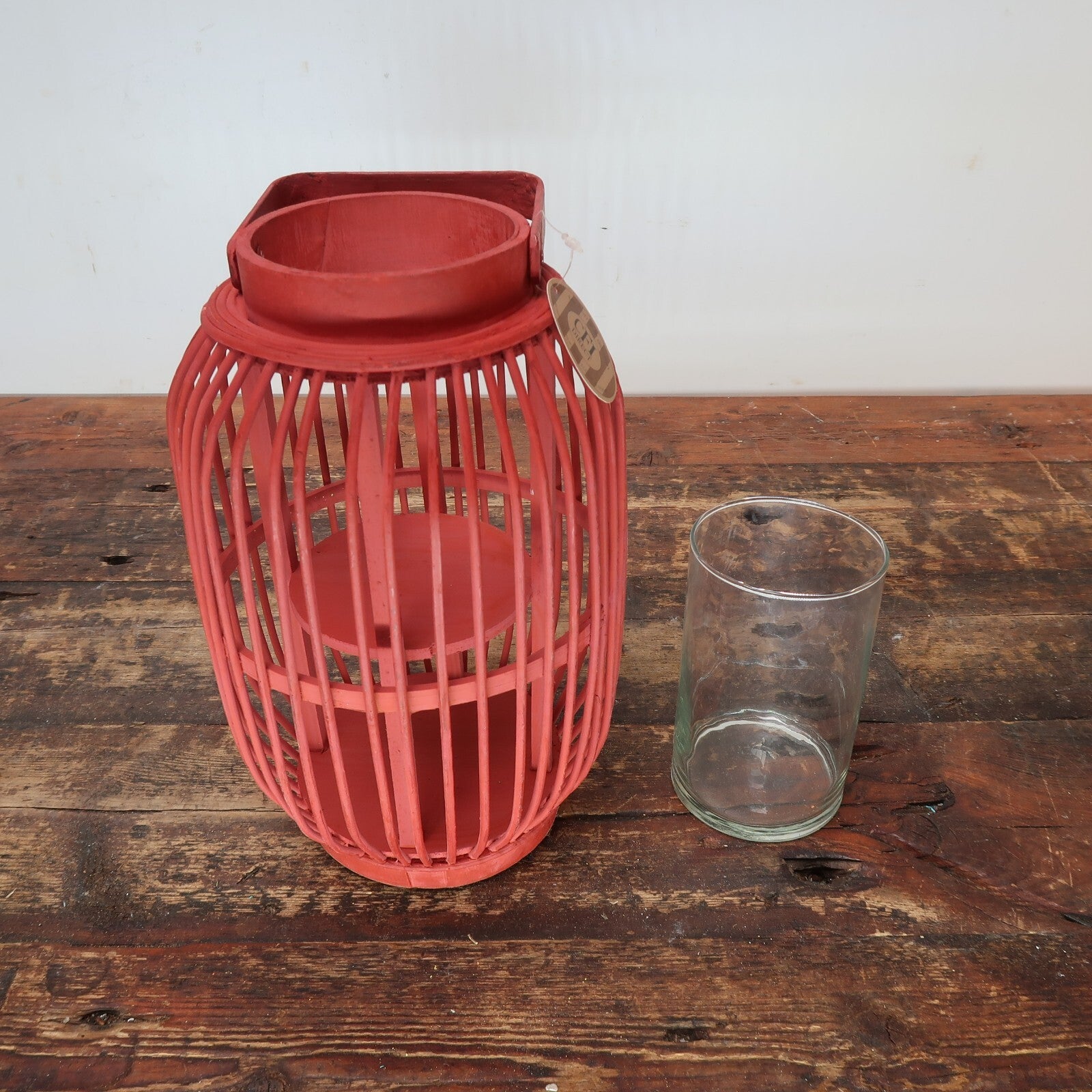 Red Bamboo Candle Lantern With Handle 7.5" x 7.5" x H 11.5"