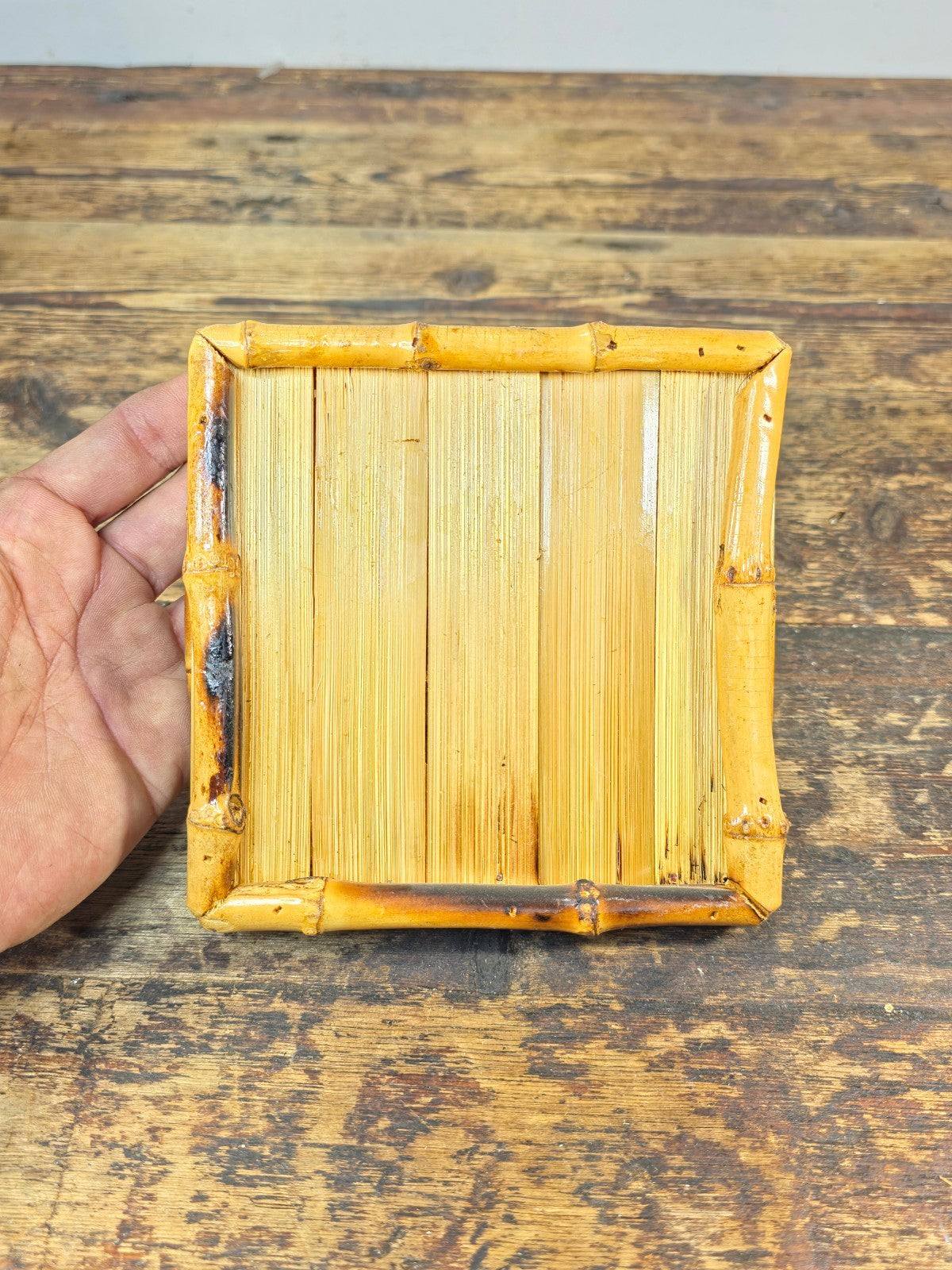 Vintage Handmade Bamboo Square Tray – 5.5" Natural Display Stand / Coaster