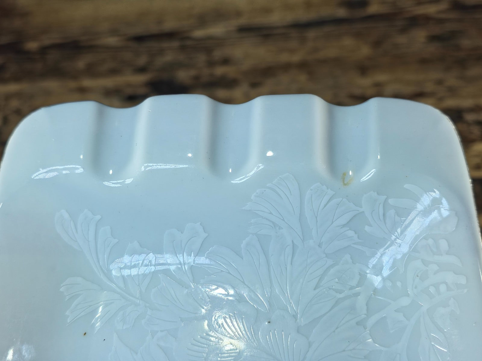 Kutani Japan White Porcelain Ashtray with Raised Chrysanthemum & Silver Trim