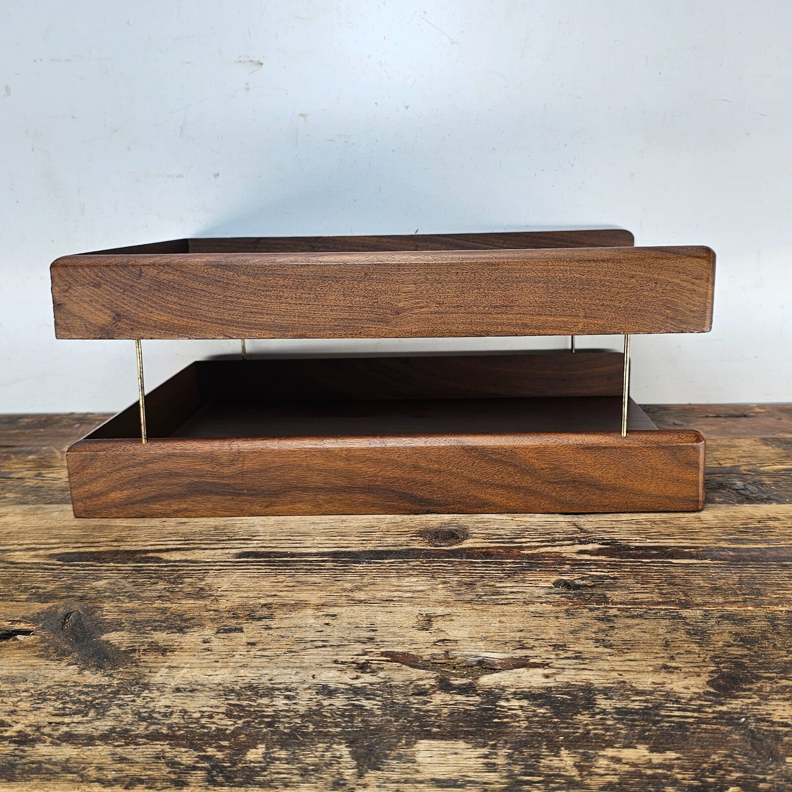 Carver Wood Products Walnut 2-Tier Desk Tray Set Mid-Century Modern