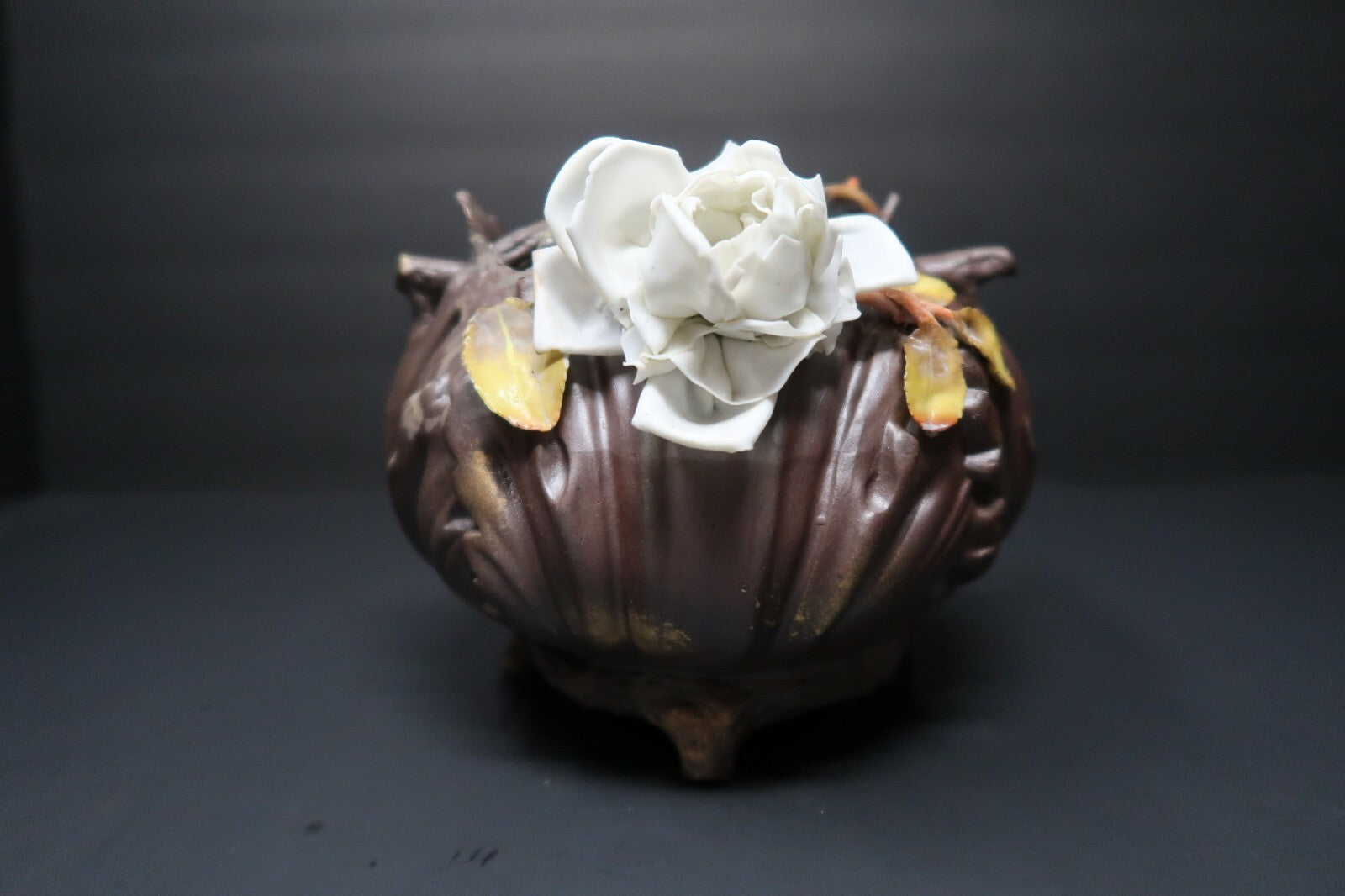 Vintage Art Pottery Basket White Roses approx H 5" x W 6"