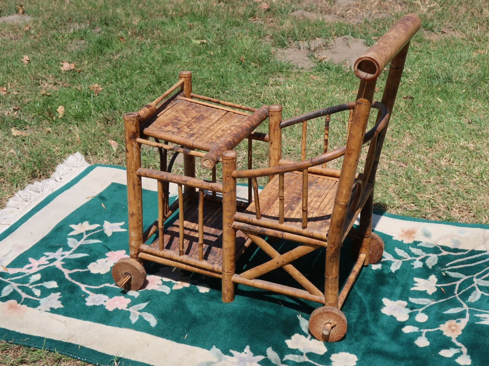 1970s Spanish Bamboo Wheeled Children's Trolley / Garden Plant Stand Holder
