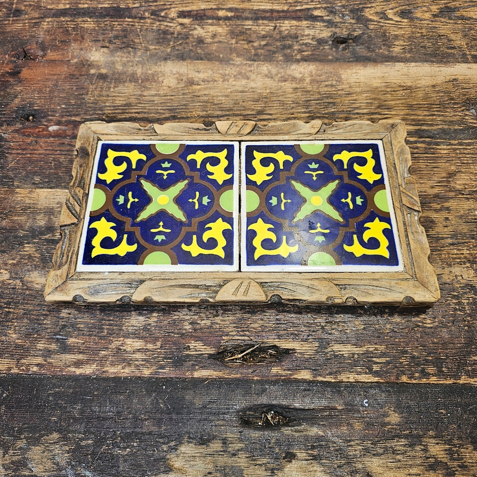 Vintage Lamosa Mexico Tile & Carved Wood Hot Plate Footed Trivet 10"L x 6"W