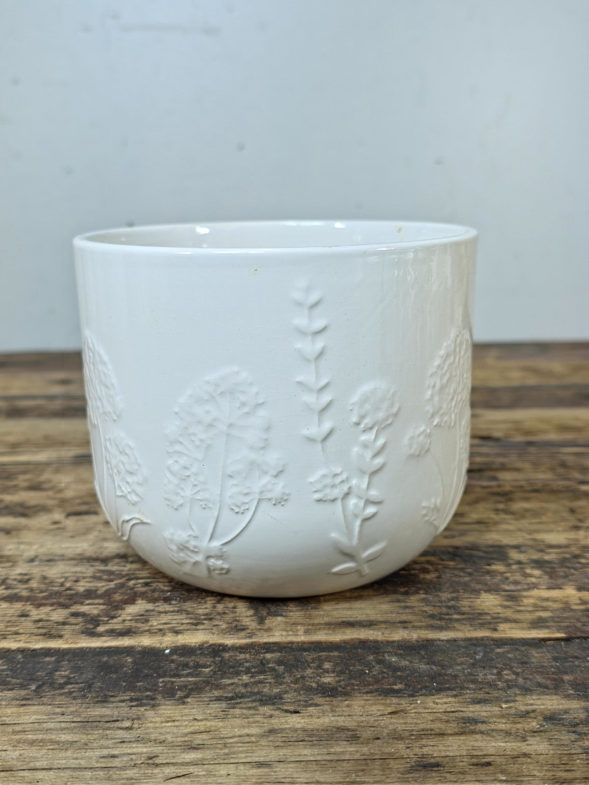 Modern White Ceramic Planter with Embossed Floral Pattern — Small, Made in USA