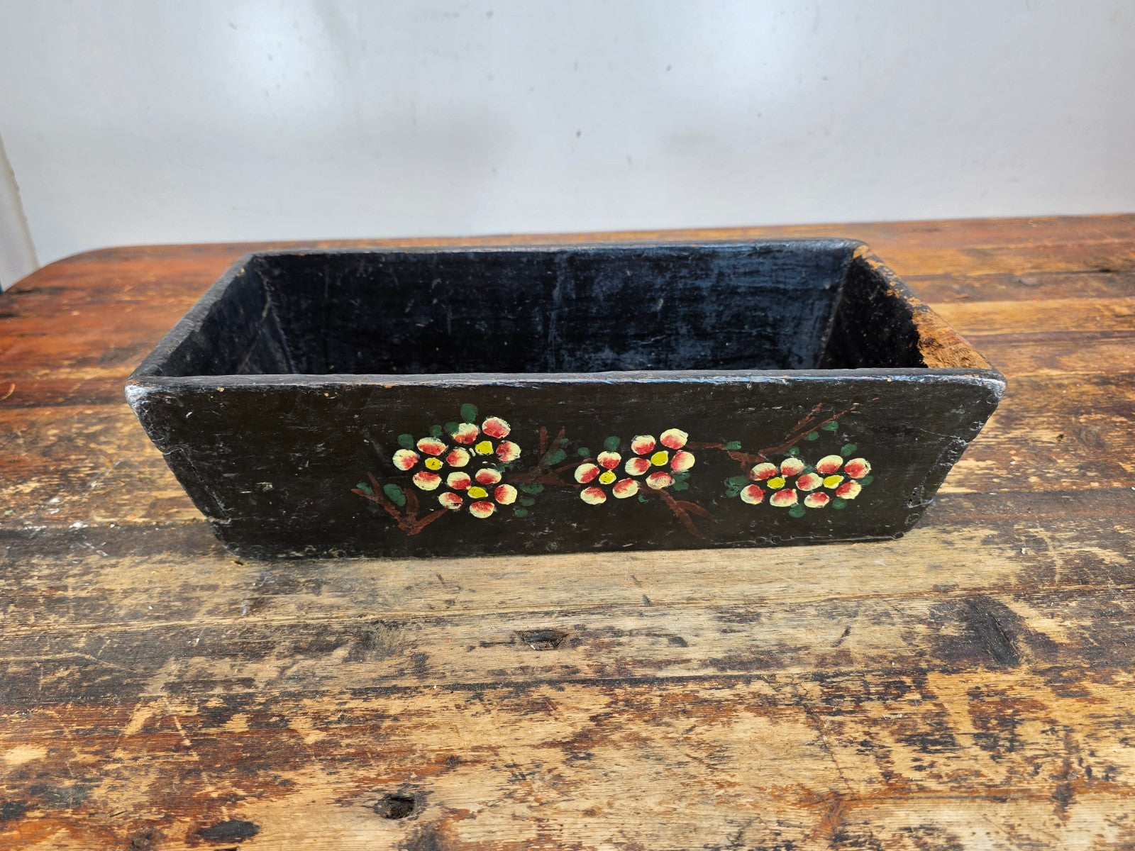 Antique Hand-Painted Wooden Box with Floral and Fruit Motif