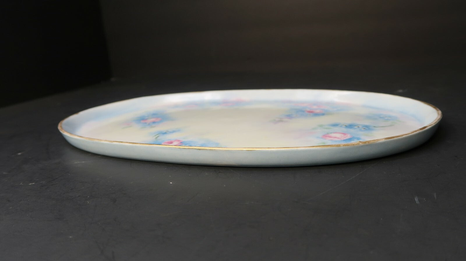 Vintage Oval Pink & Blue Rose Dish Hand Painted Floral Gold Trim Made In Japan