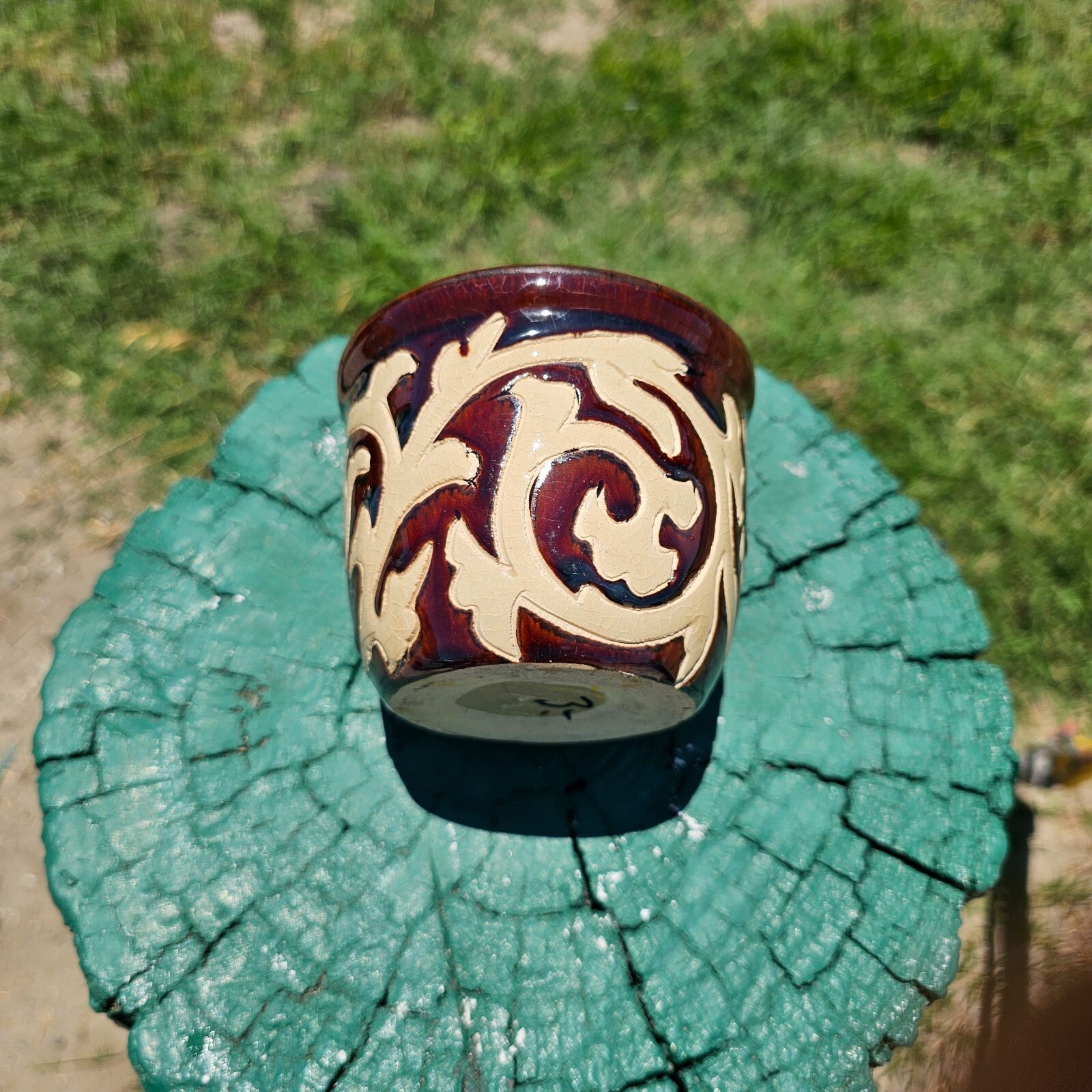 Studio Pottery Planter Earthy Tones And Abstract Pattern 4.30" Dia x 3.5" H