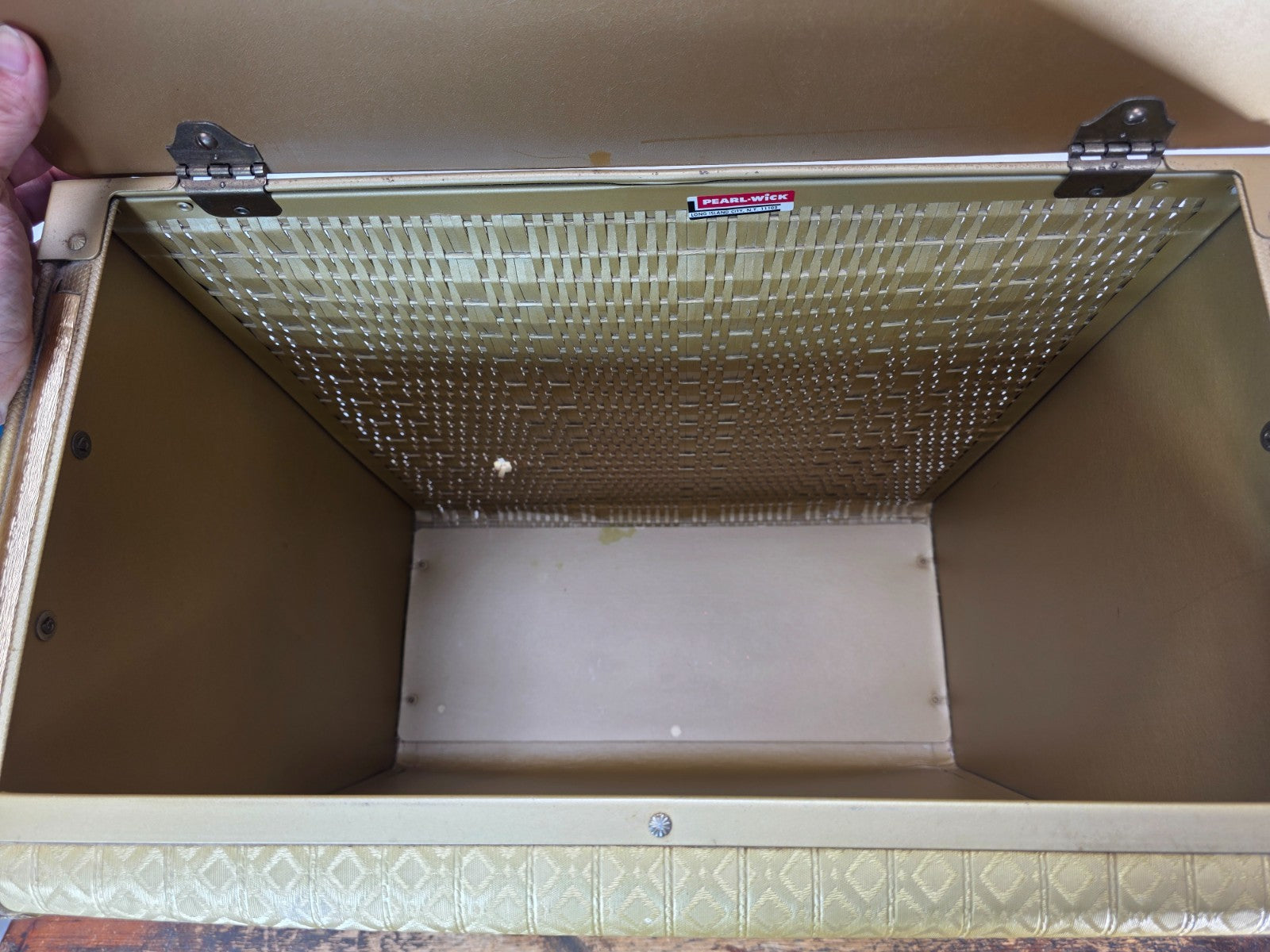 Vintage Pearl-Wick Clothes Hamper Gold Vinyl Woven Pattern 1960s Mid Century