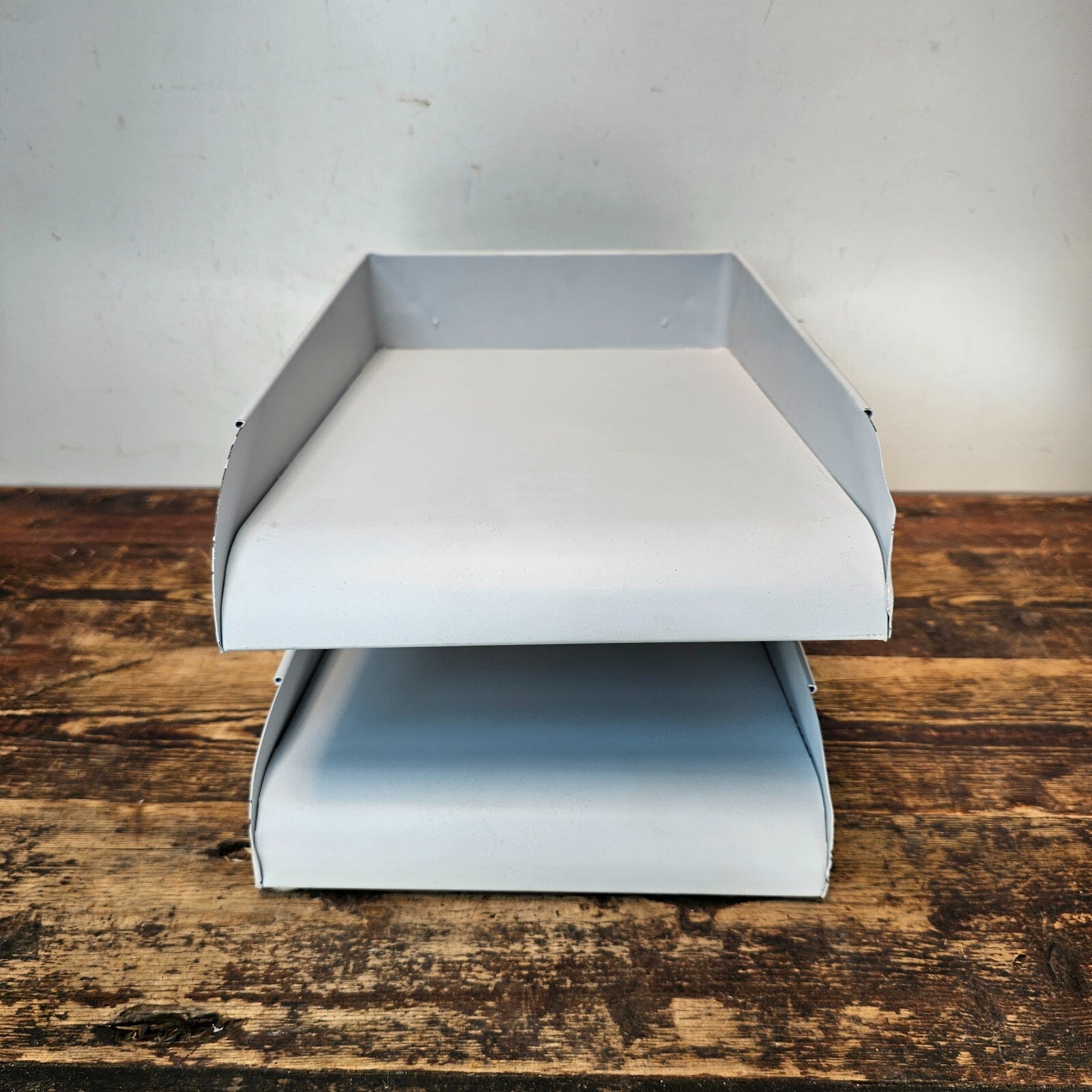Vintage Pale Blue 2-Tier Industrial Metal Paper Tray / Desk Organizer