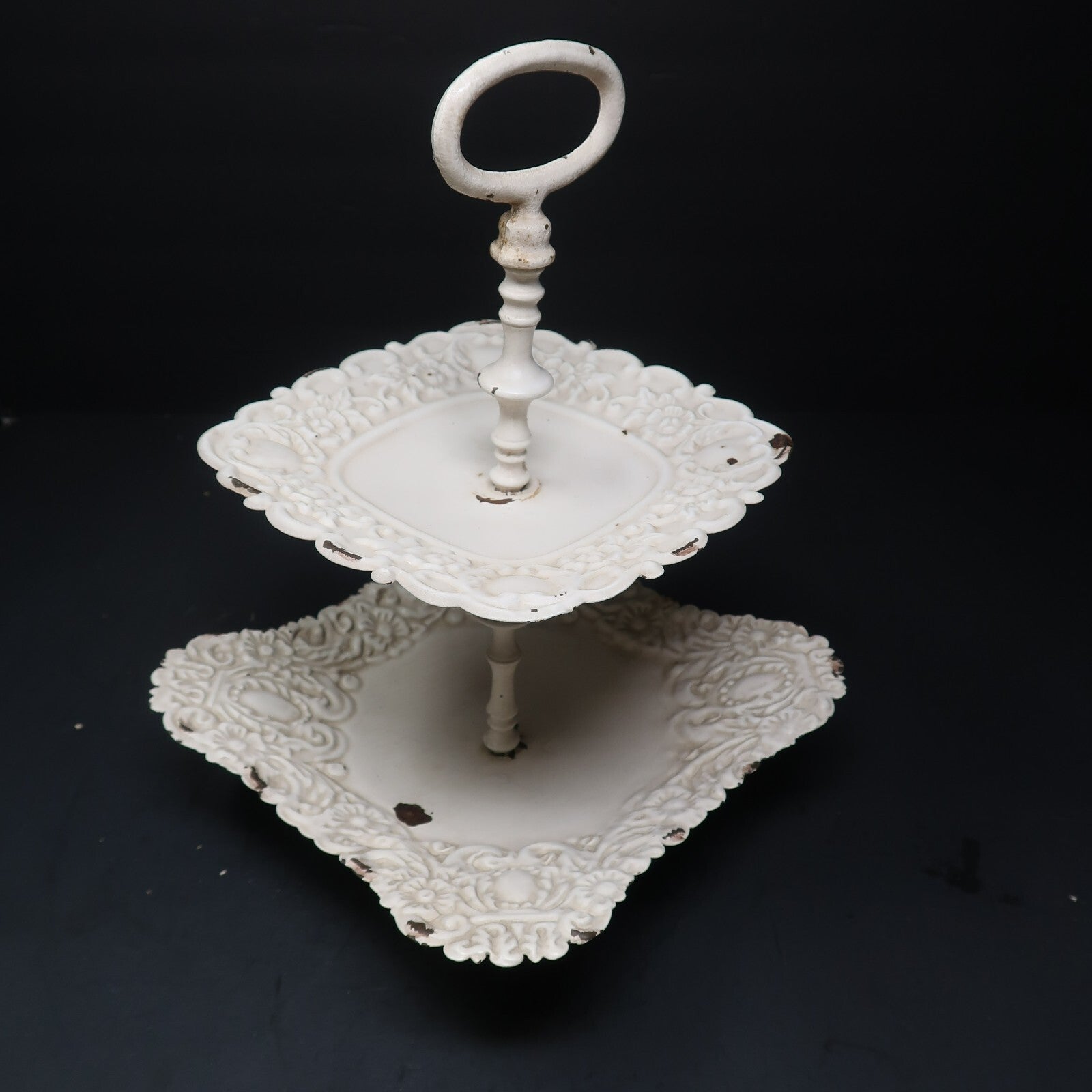 Two Tier Rustic Metal Serving Tray Farmhouse Floral Shabby Chic H 11.5"