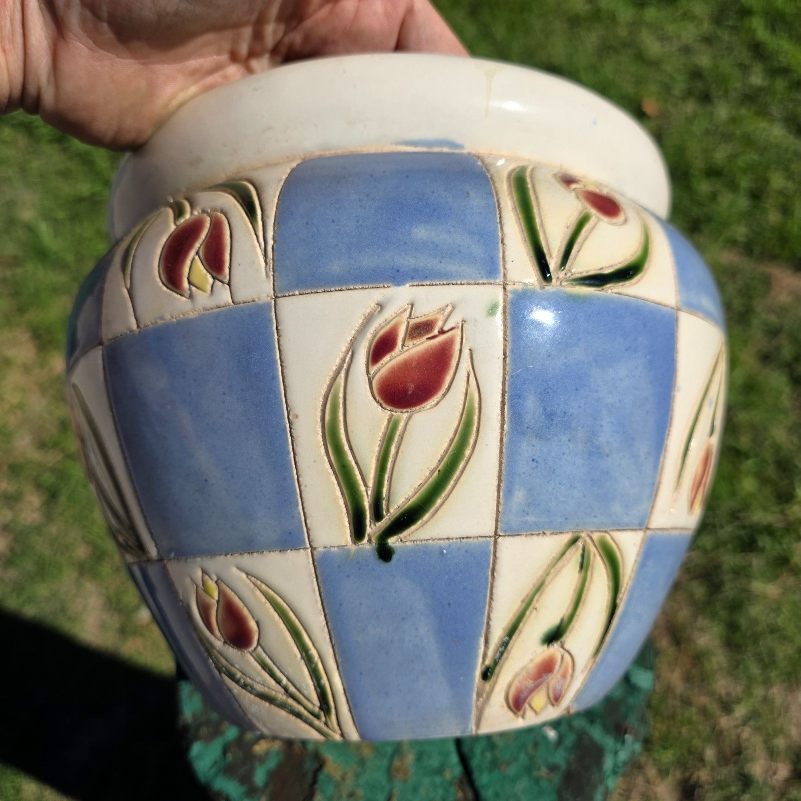 Studio Art Ceramic Planter Pot with Tulip Checkerboard Pattern Signed 9"Dia