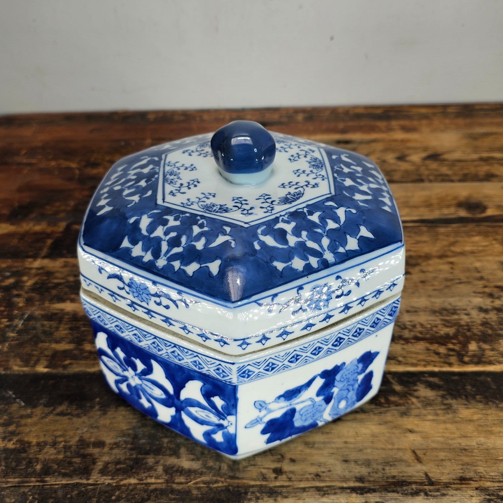 Vintage Blue & White Porcelain Chinoiserie Hexagonal Lidded Jar