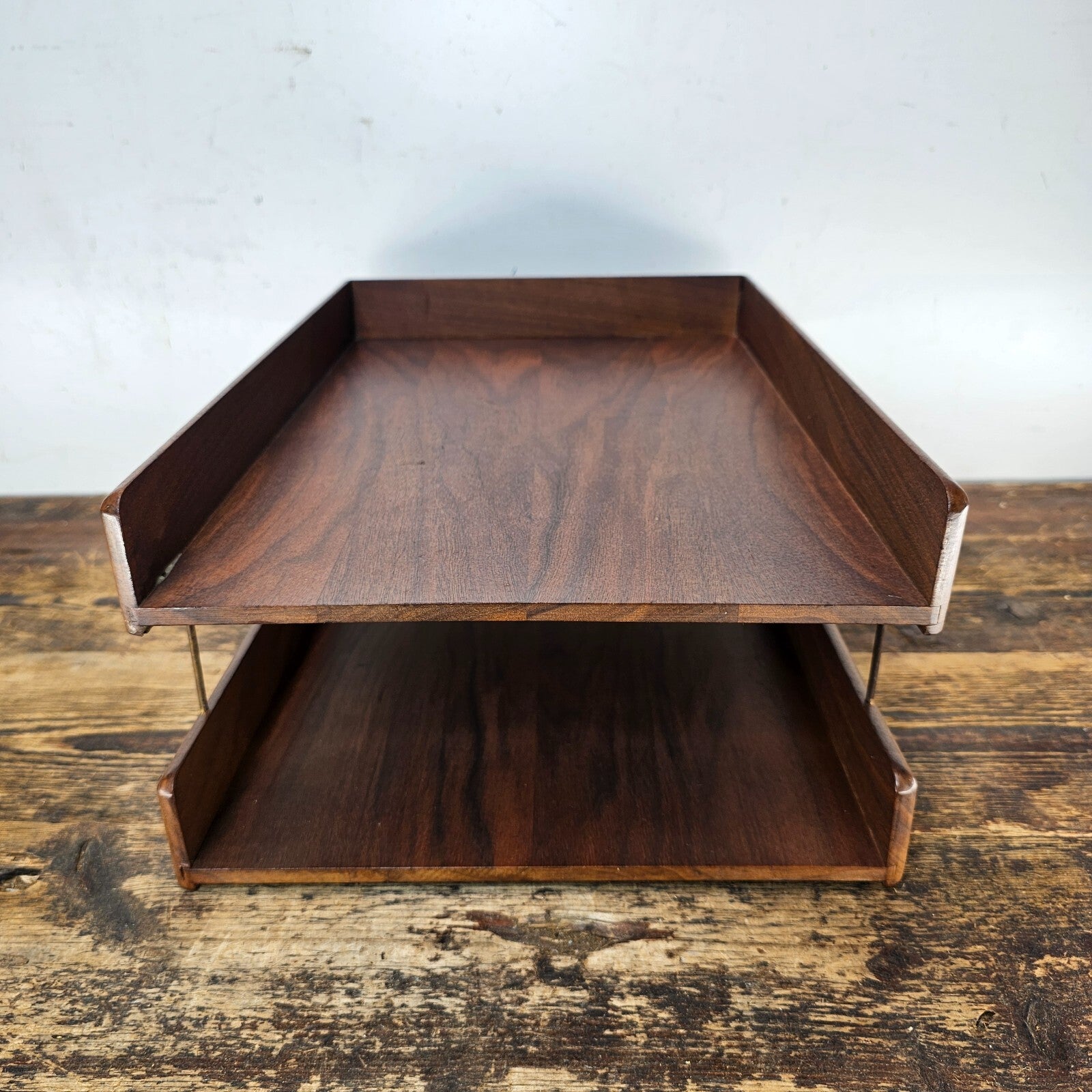 Carver Wood Products Walnut 2-Tier Desk Tray Set Mid-Century Modern