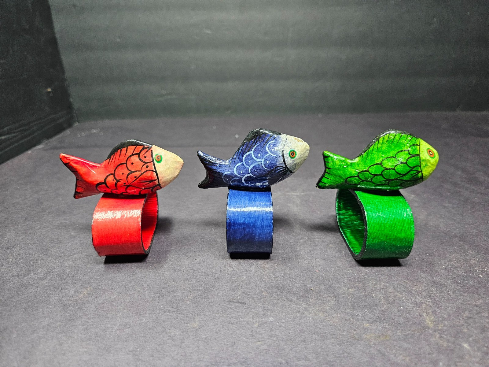 Set of 6 Colorful Hand Painted Teak Wood Fish Napkin Rings