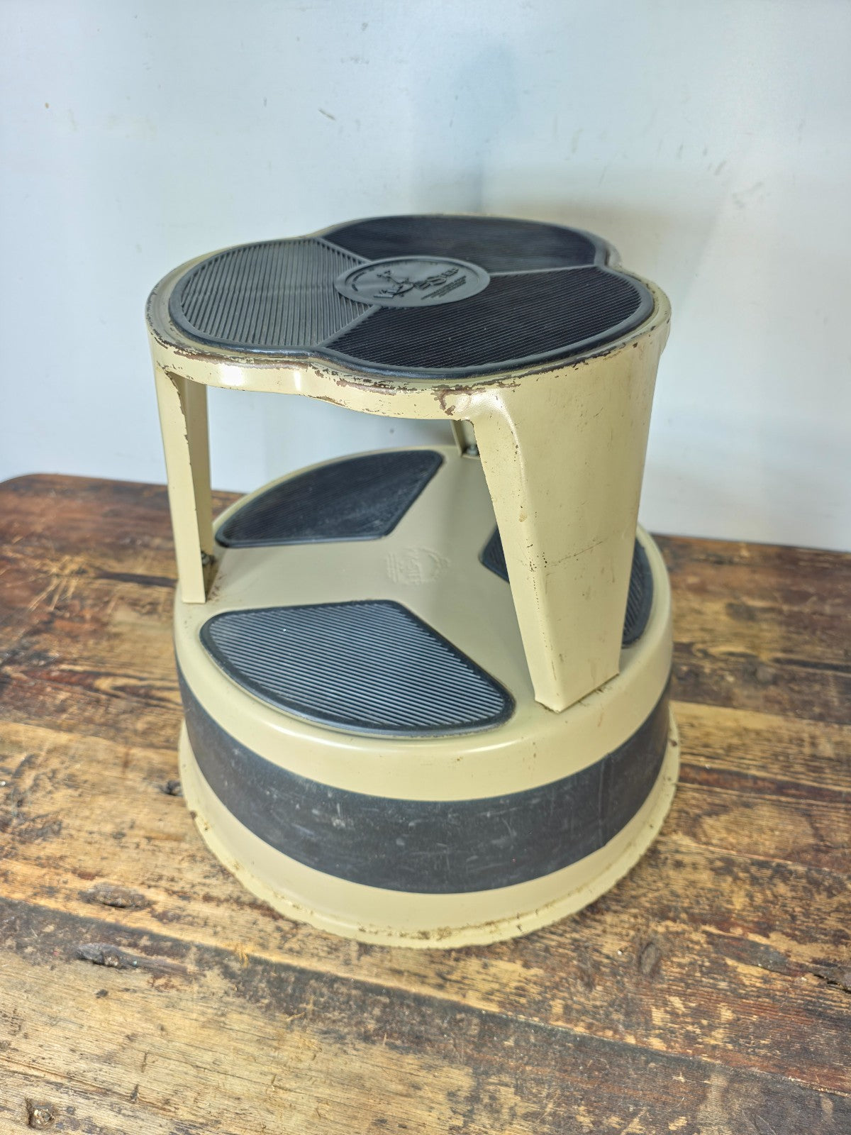 Vintage KIK-STEP Rolling Step Stool Beige Black Industrial 1980s USA