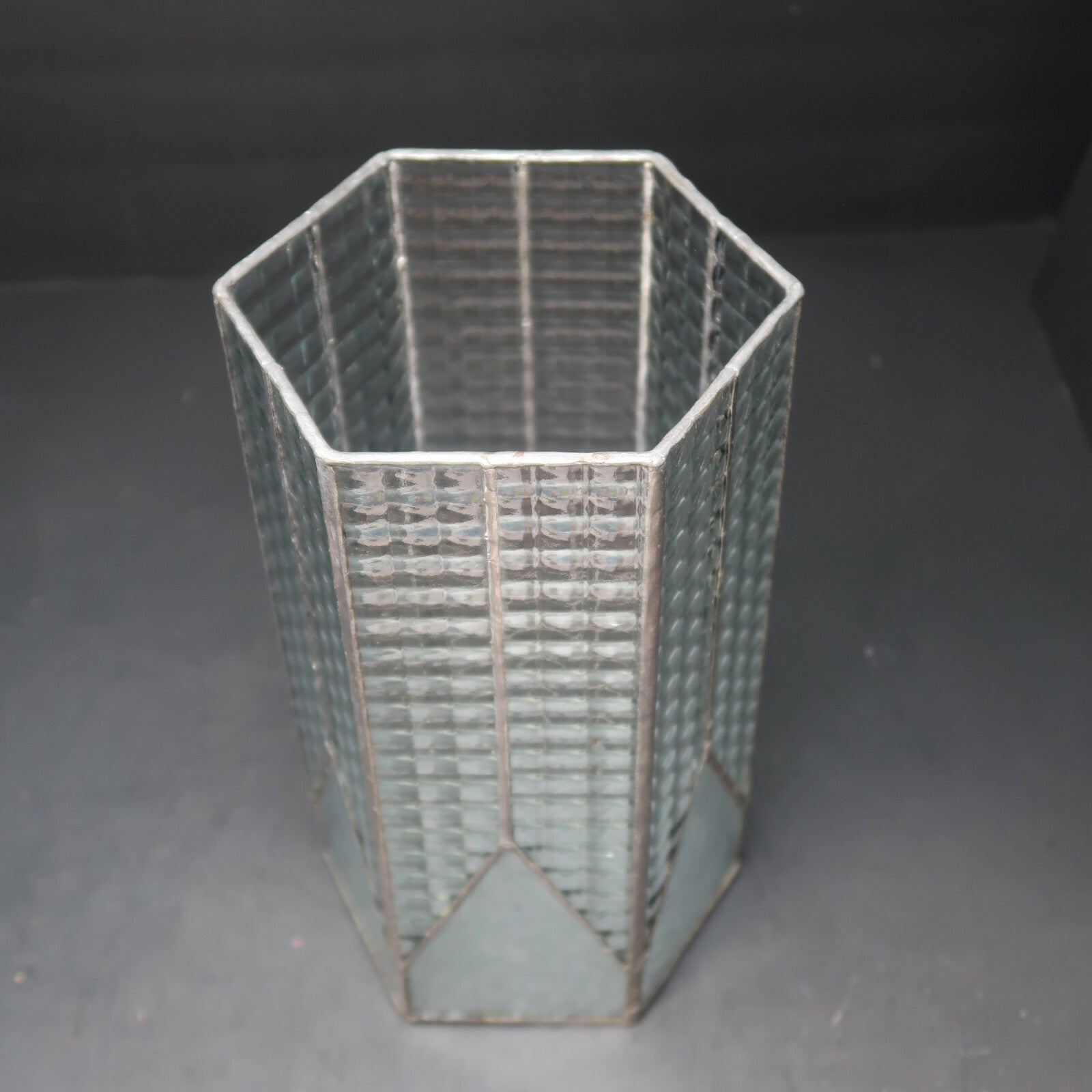 Vintage Leaded Glass Hexagonal Pillar Candle Hurricane Lamp H 10"