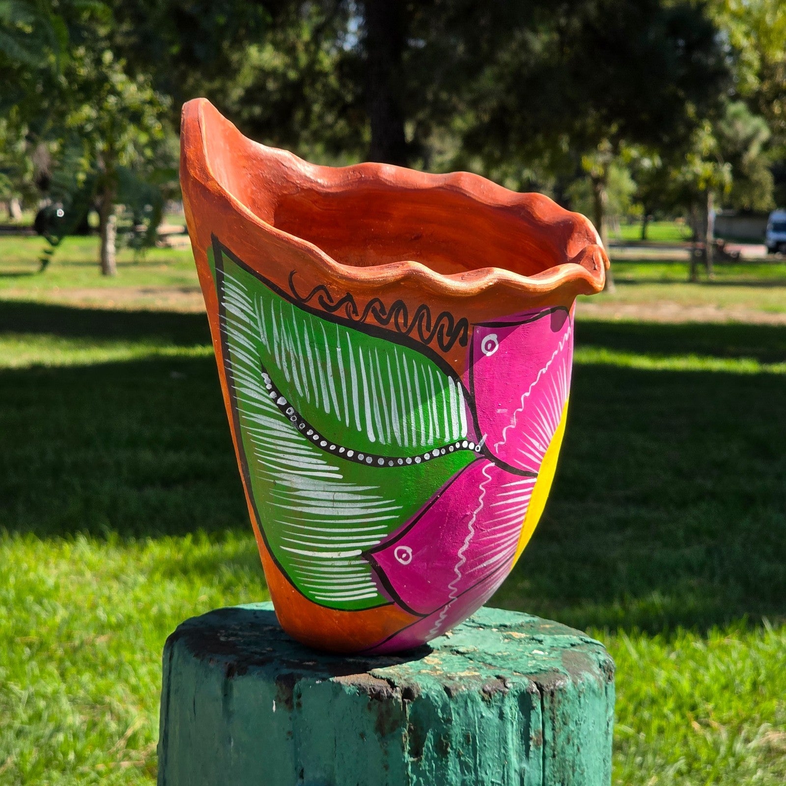 Mexican Atzompa Hand-Painted Floral Terracotta Wall Planter Oaxaca Folk Art
