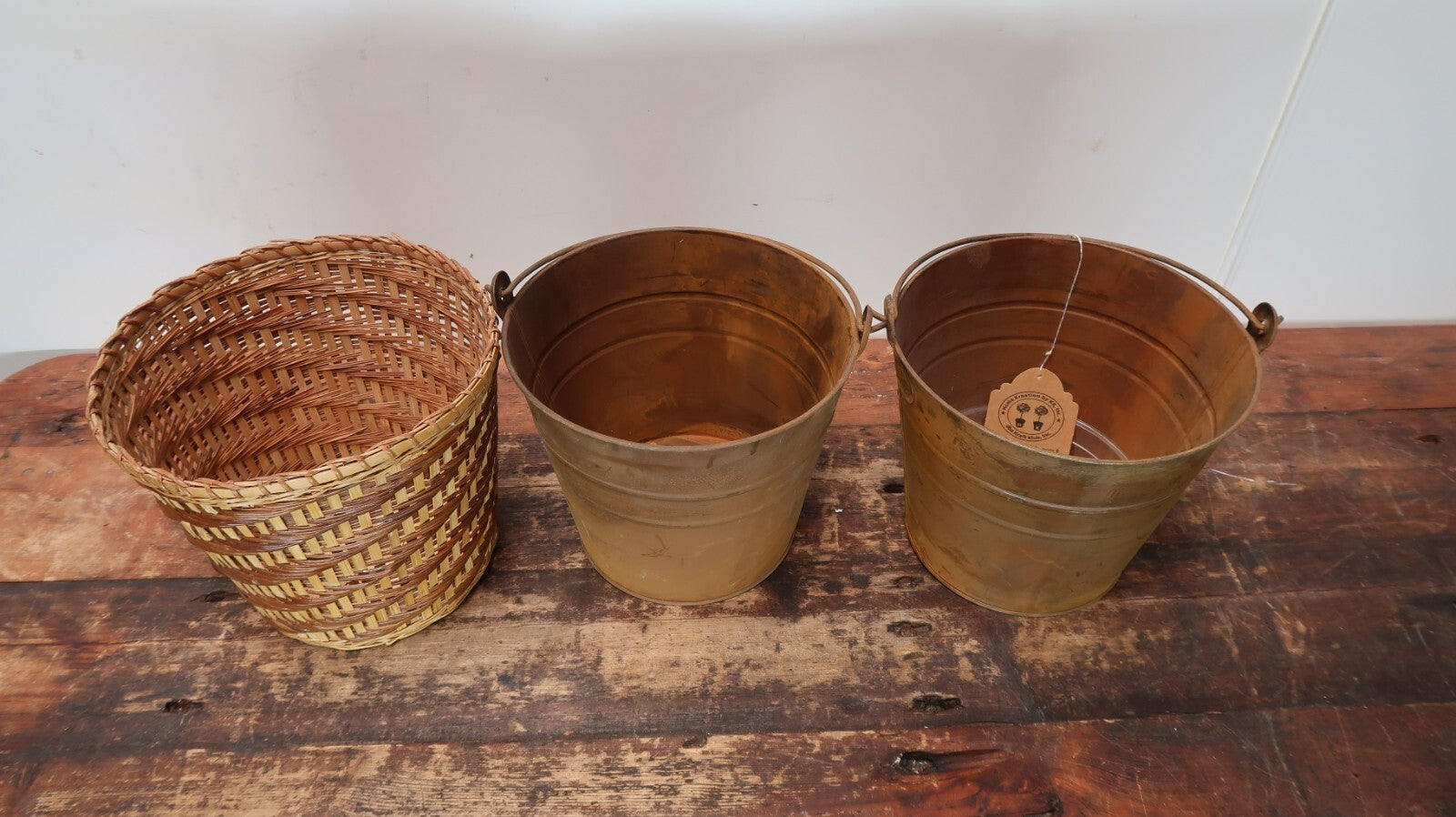 2 Rustic Metal Pails + 1 Wicker Basket 9" x 9" x H 7.5" Plant Pots Trash Cans