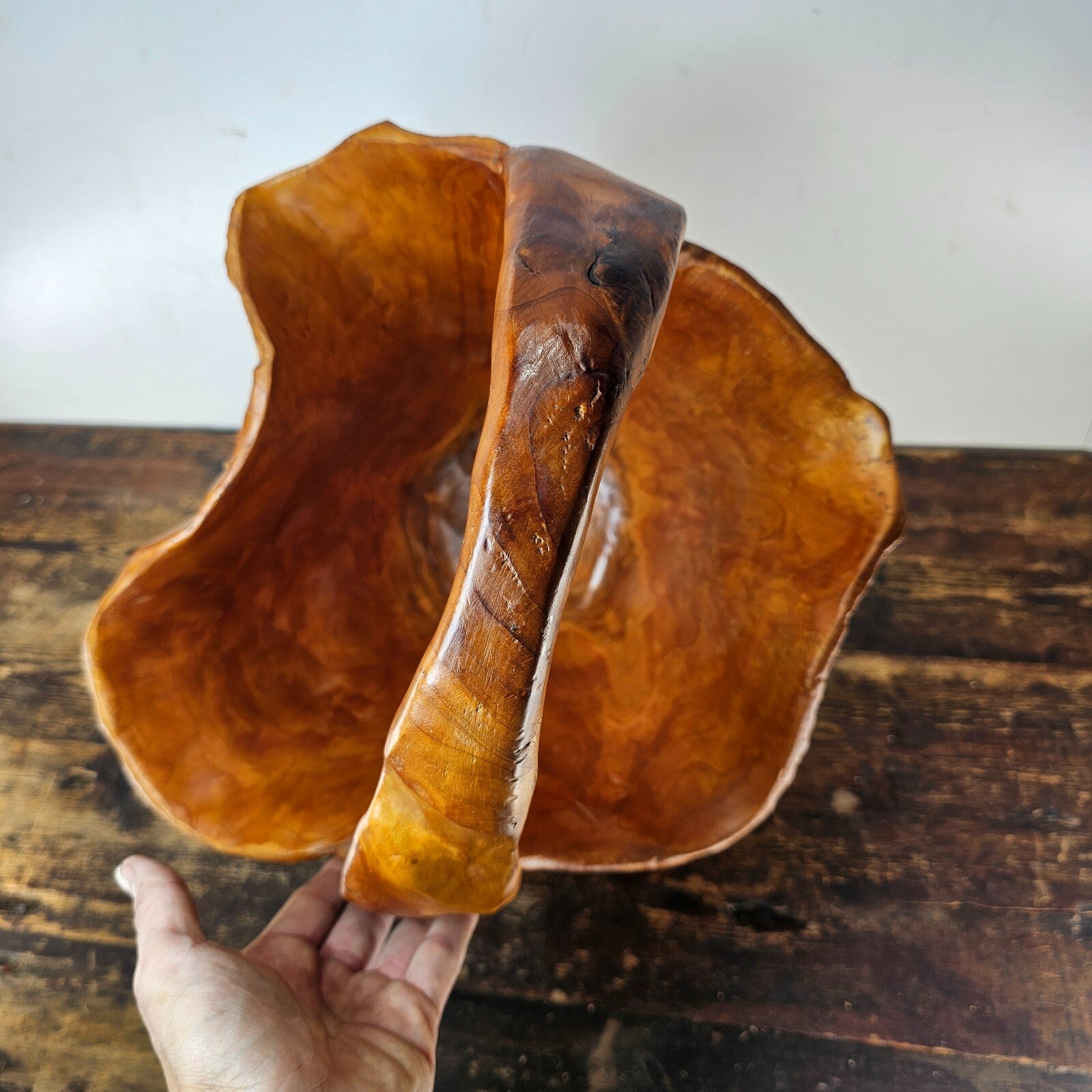 Large Wood Burl Root Hand Carved Bowl Basket with Handle 13.5" x 13.5" x 19.5"H