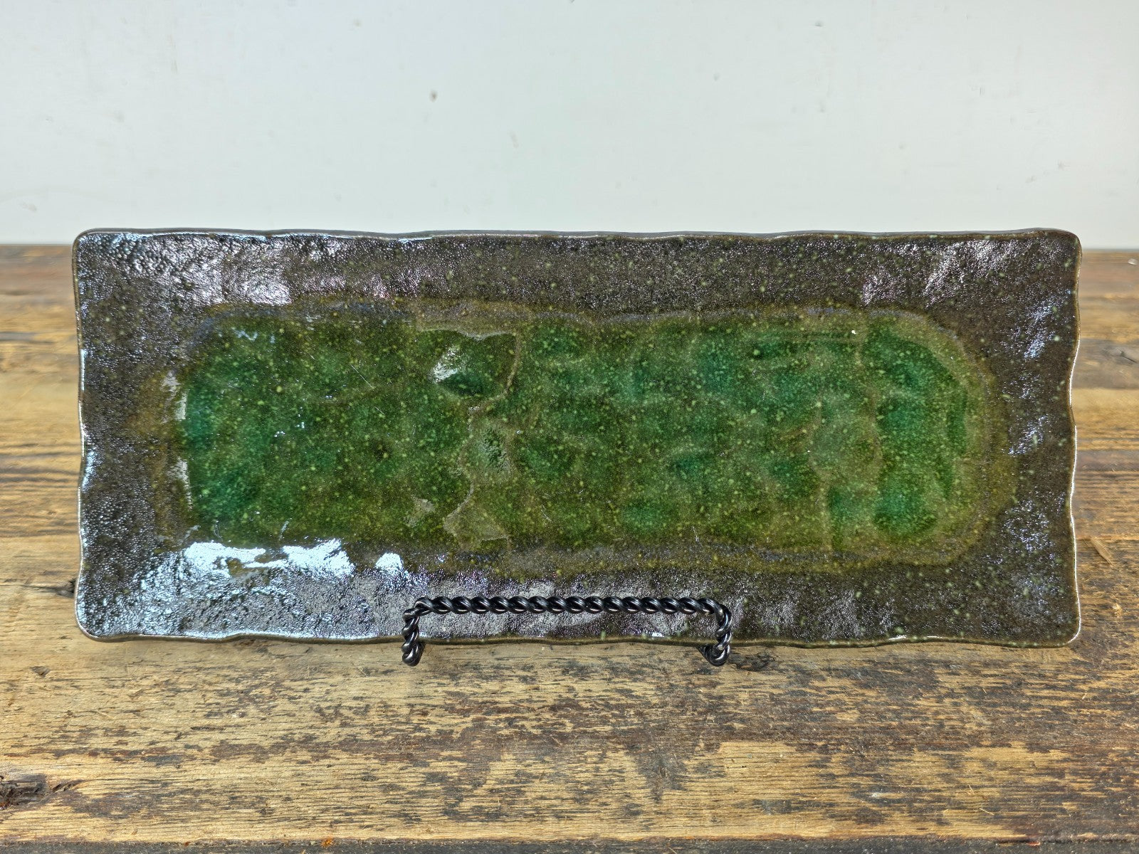 Japanese Mino Ware Rectangular Sushi Plate Green Brown Glaze 11.25" Japan