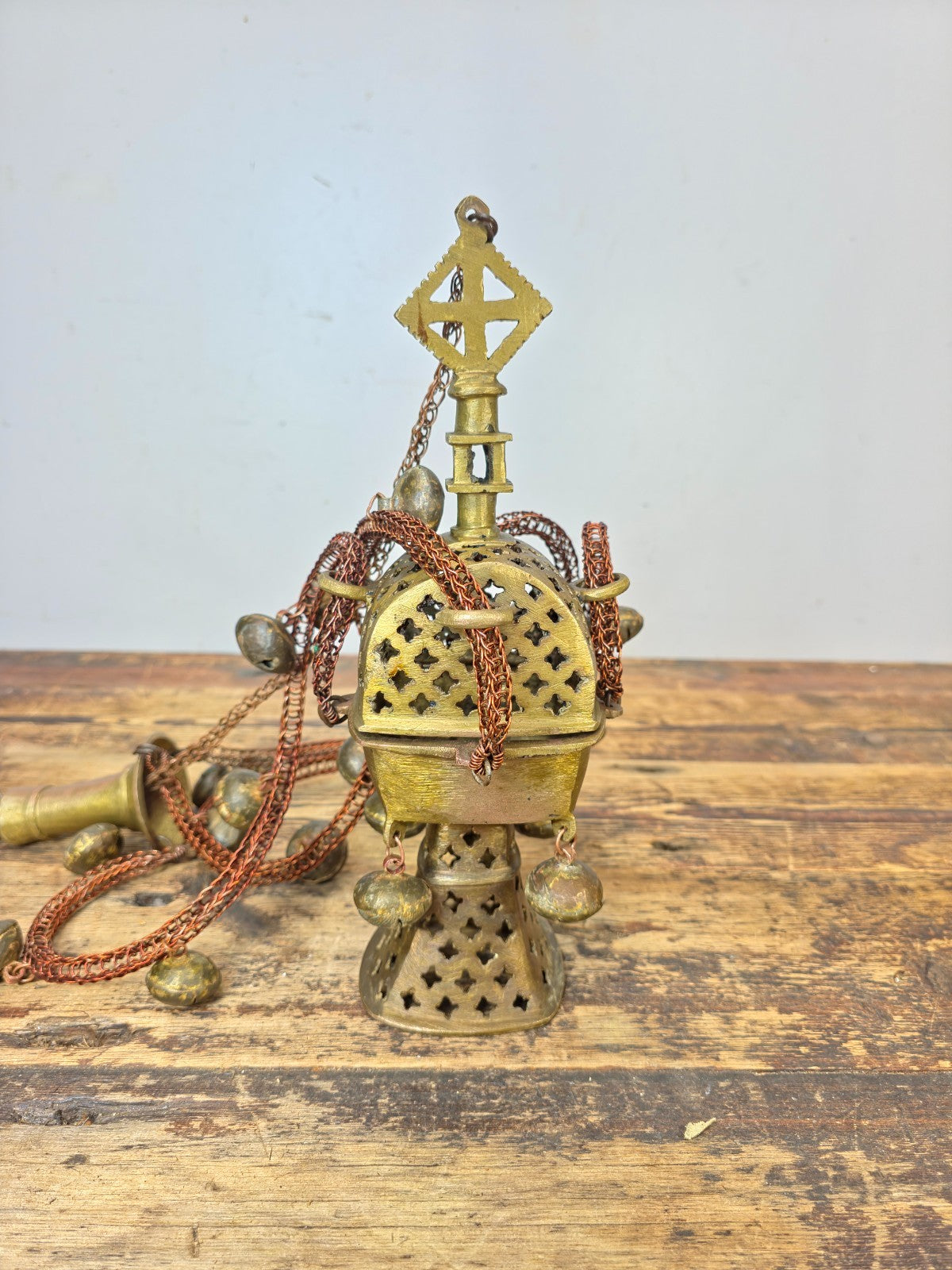 Vintage Ethiopian Coptic Brass Processional Incense Burner — 30" — Bells & Chain