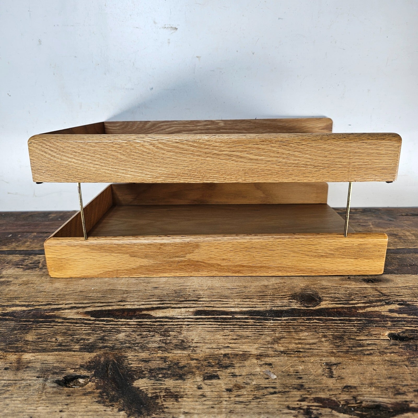 Carver Wood Products Solid Oak 2-Tier Desk Tray Set Mid-Century Modern