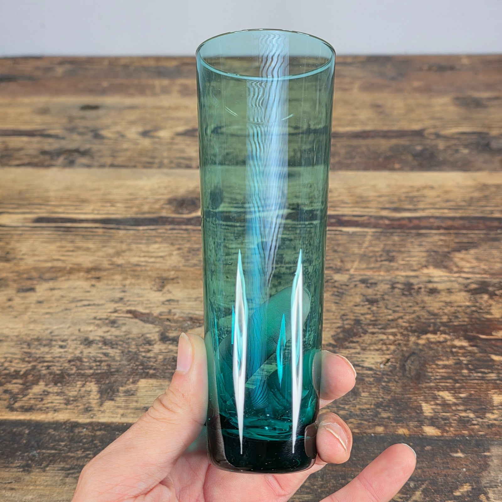 Vintage Hand Blown Aqua Blue Glass Tumbler — Mid-Century Modern Style 6.25"H